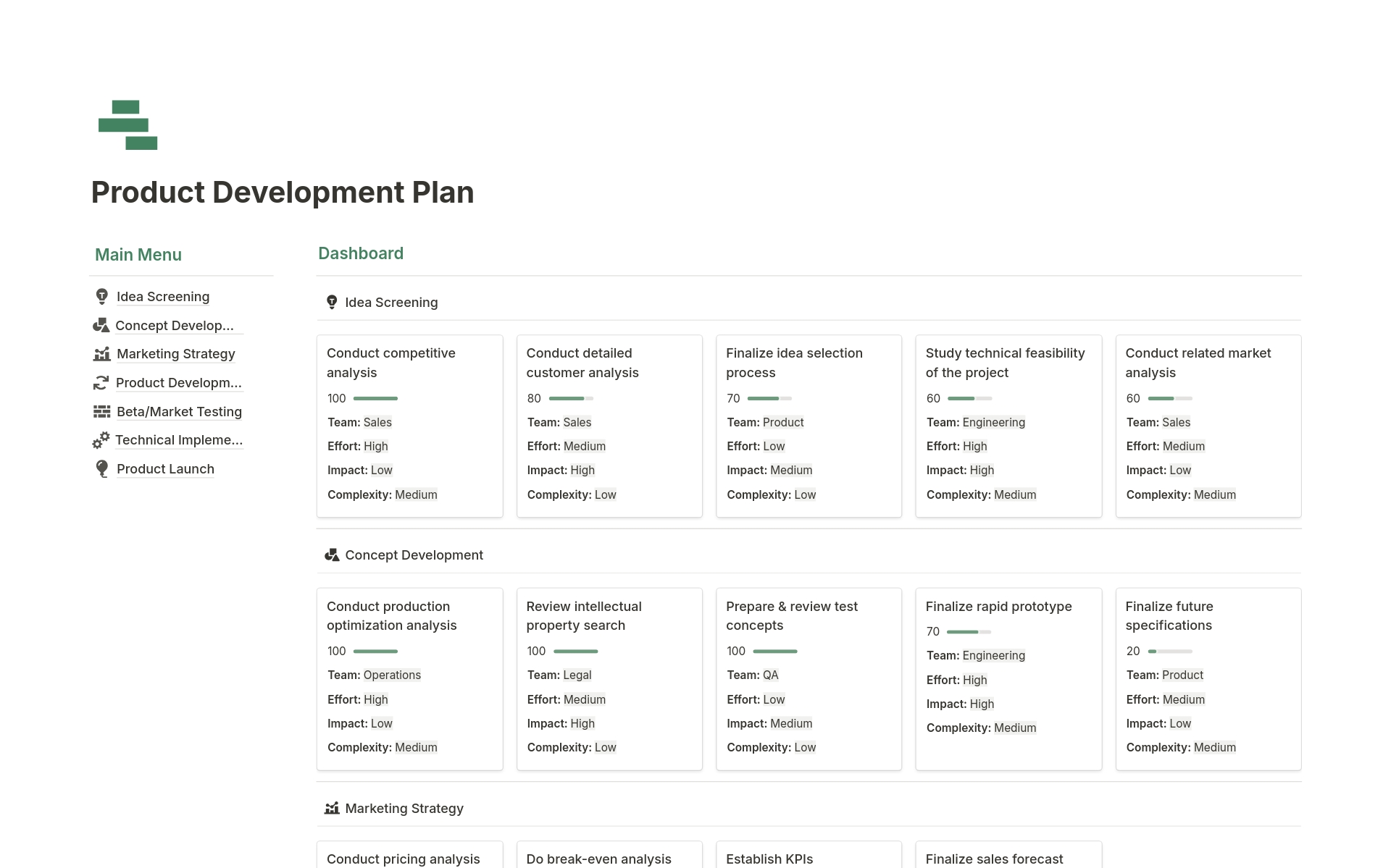 Vista previa de una plantilla para Product Development Plan