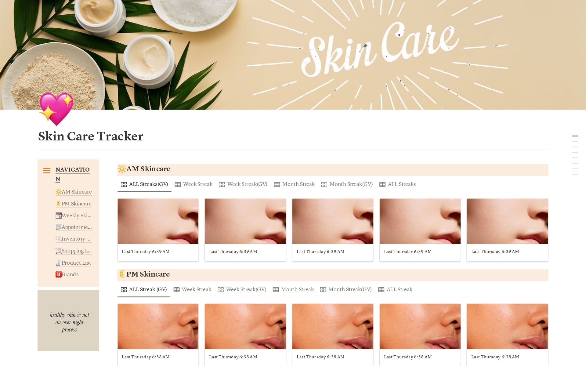 En forhåndsvisning av mal for Skincare Tracker