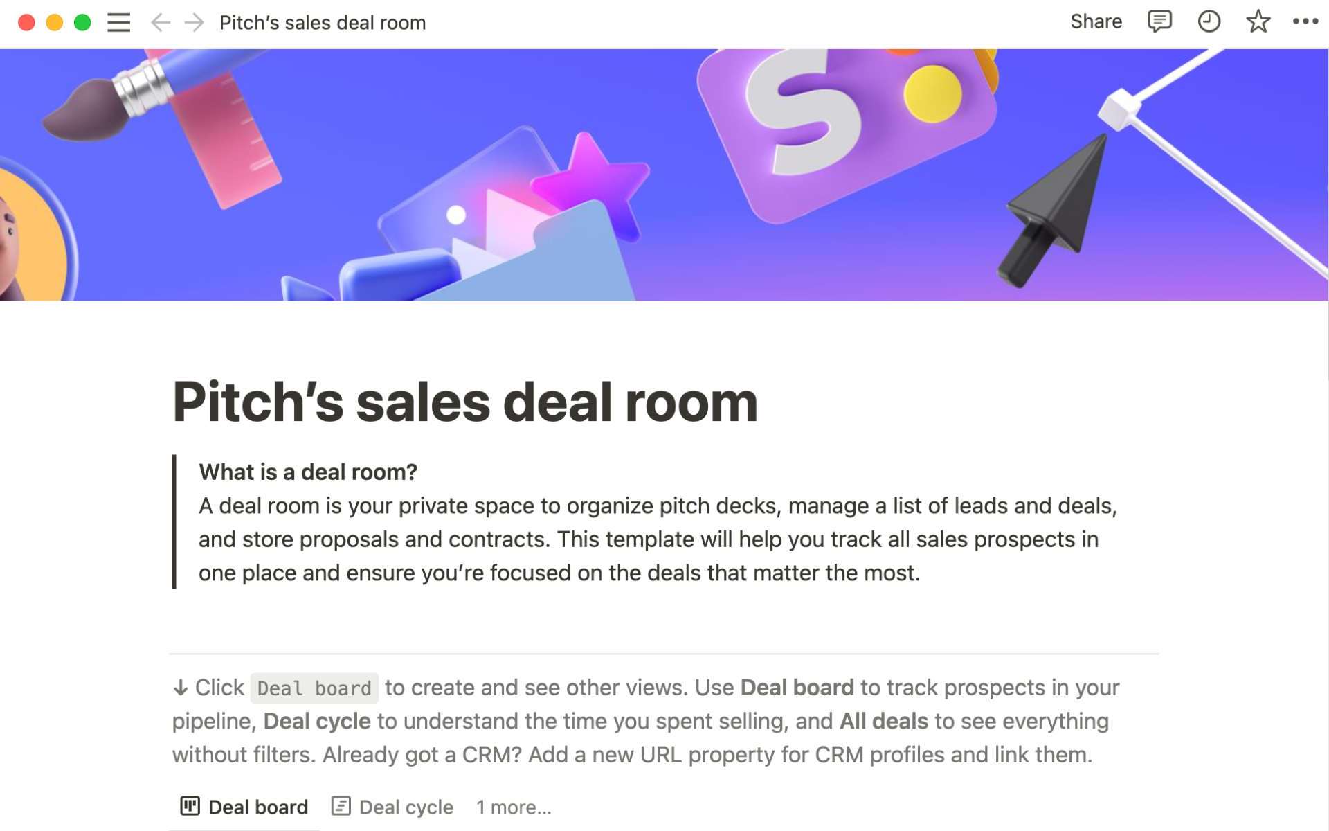 En förhandsgranskning av mallen för Pitch’s sales deal room