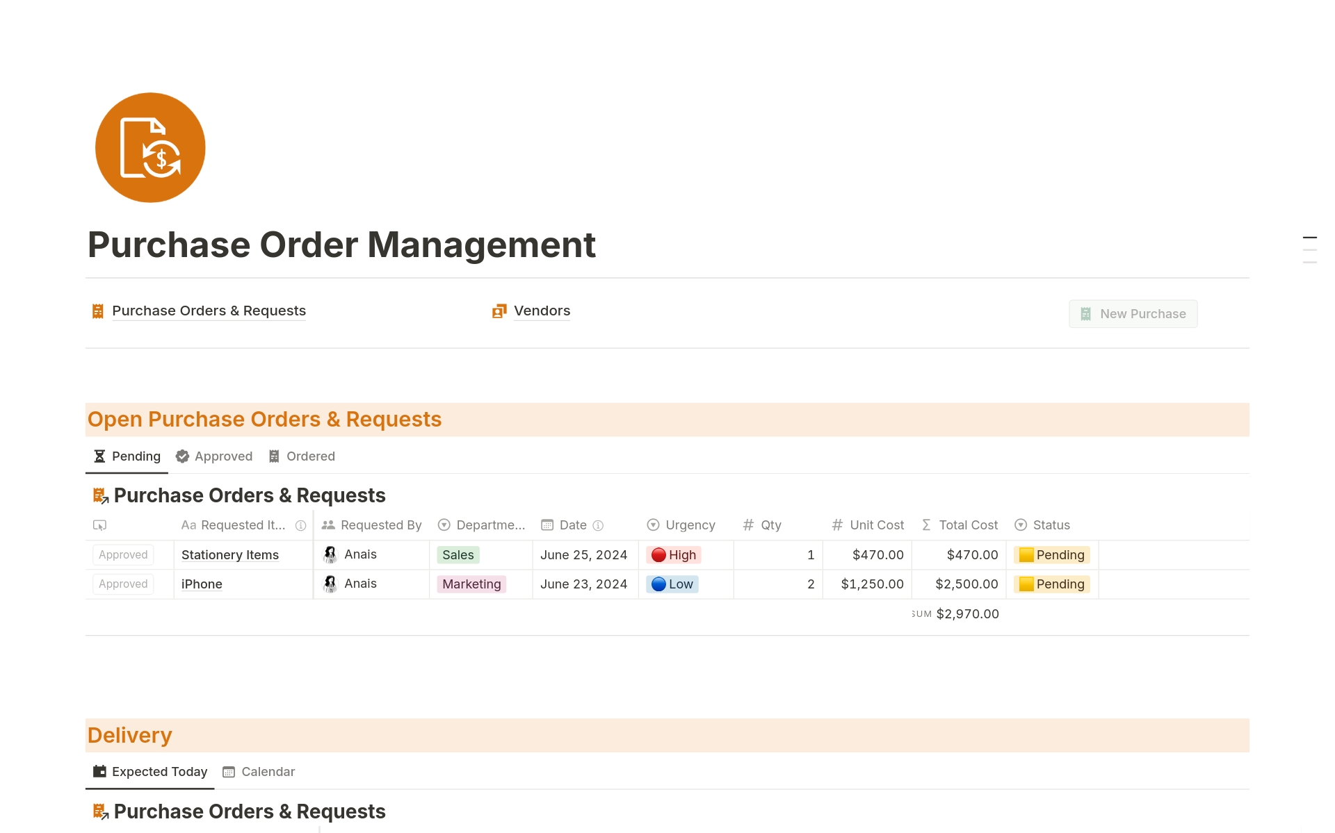 Take control of your business spending and manage unexpected expenses with ease using this comprehensive Purchase Order Management template. Designed to simplify the purchasing process, this Notion template allows you to plan, coordinate, and execute purchases seamlessly.