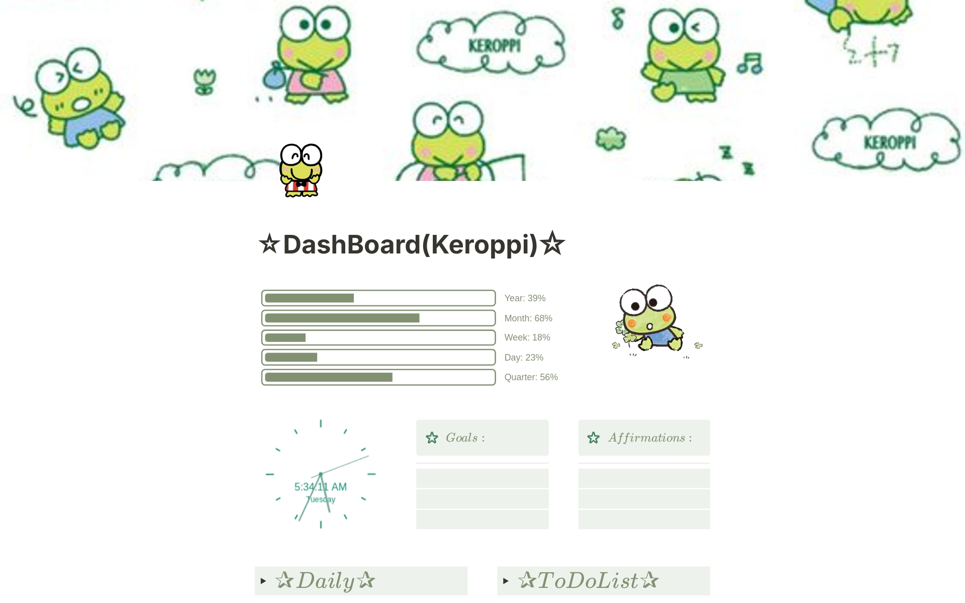 A template preview for Keroppi Planner