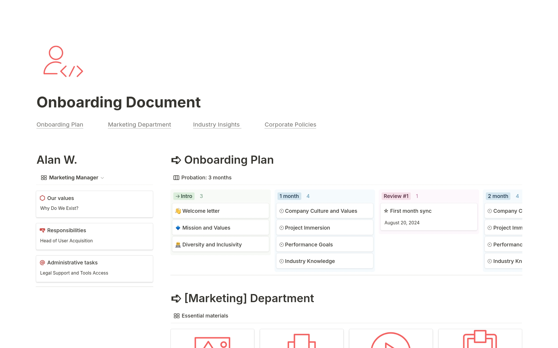 A template preview for Onboarding Document