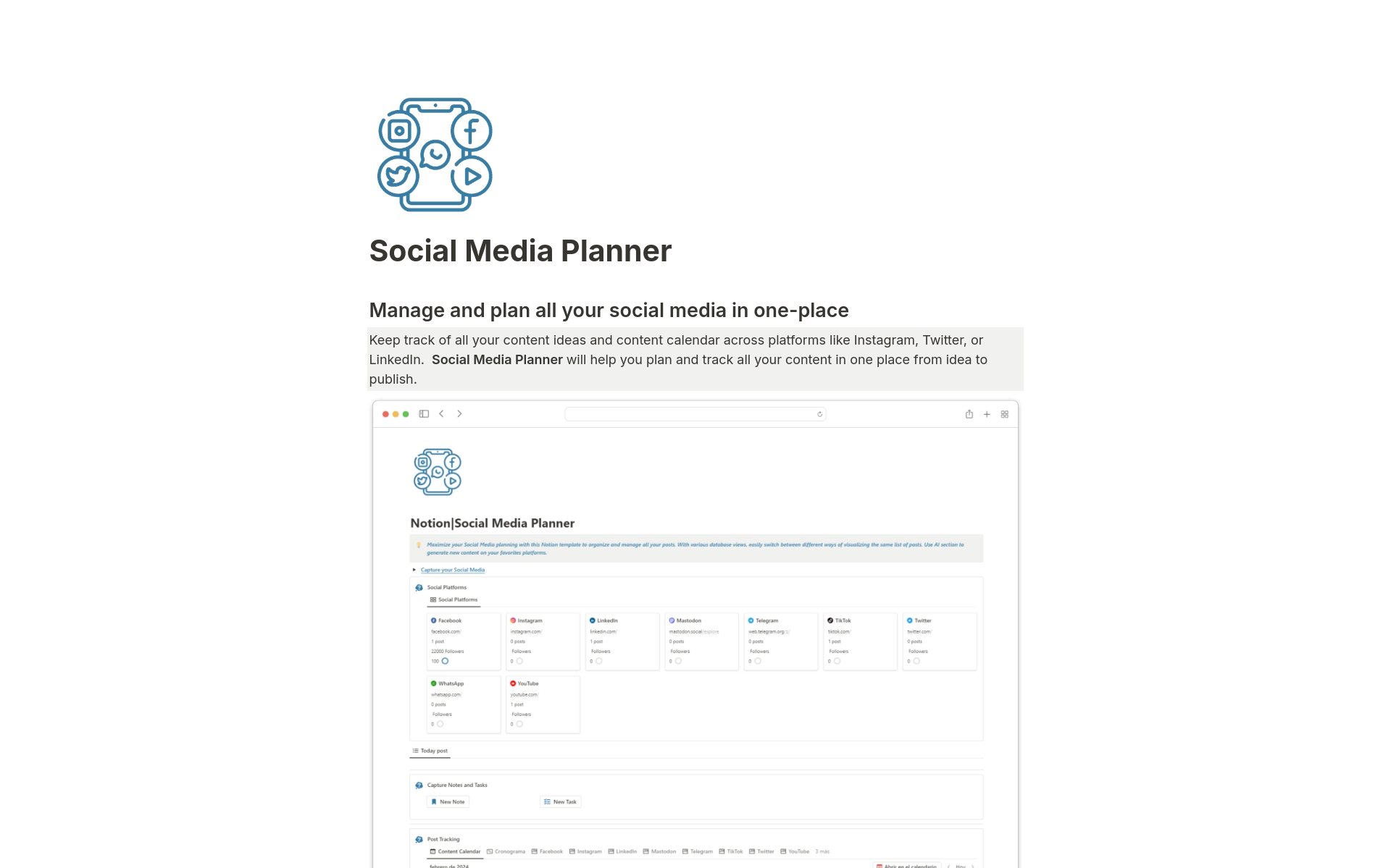 En förhandsgranskning av mallen för Social Media Planner