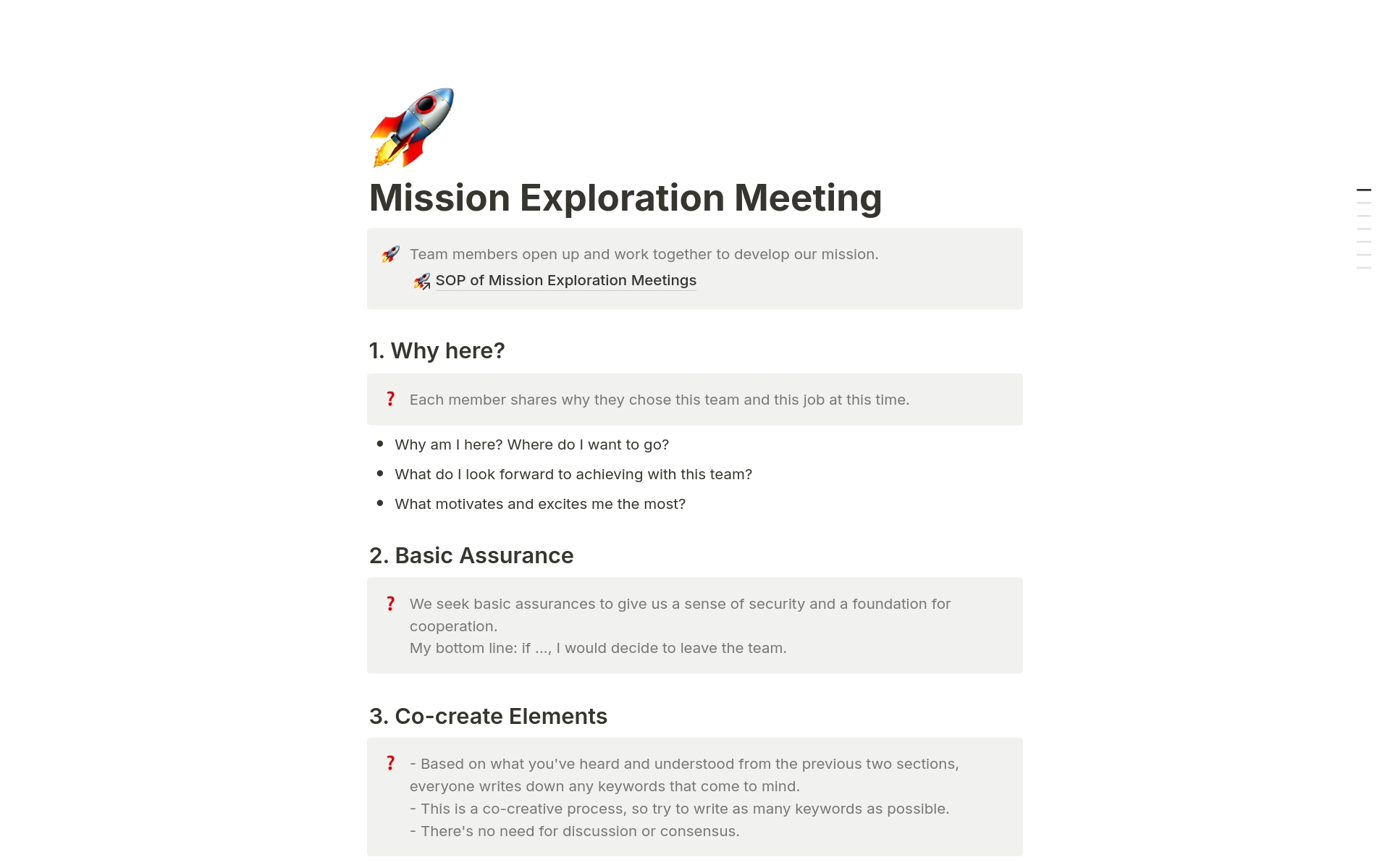 En forhåndsvisning av mal for Mission Exploration Meeting