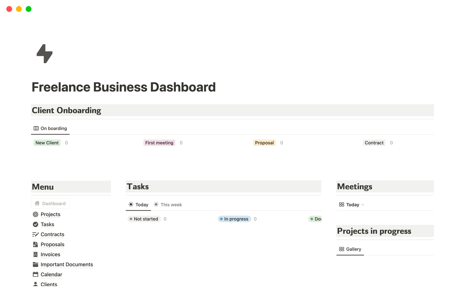 En förhandsgranskning av mallen för Freelance Business Dashboard