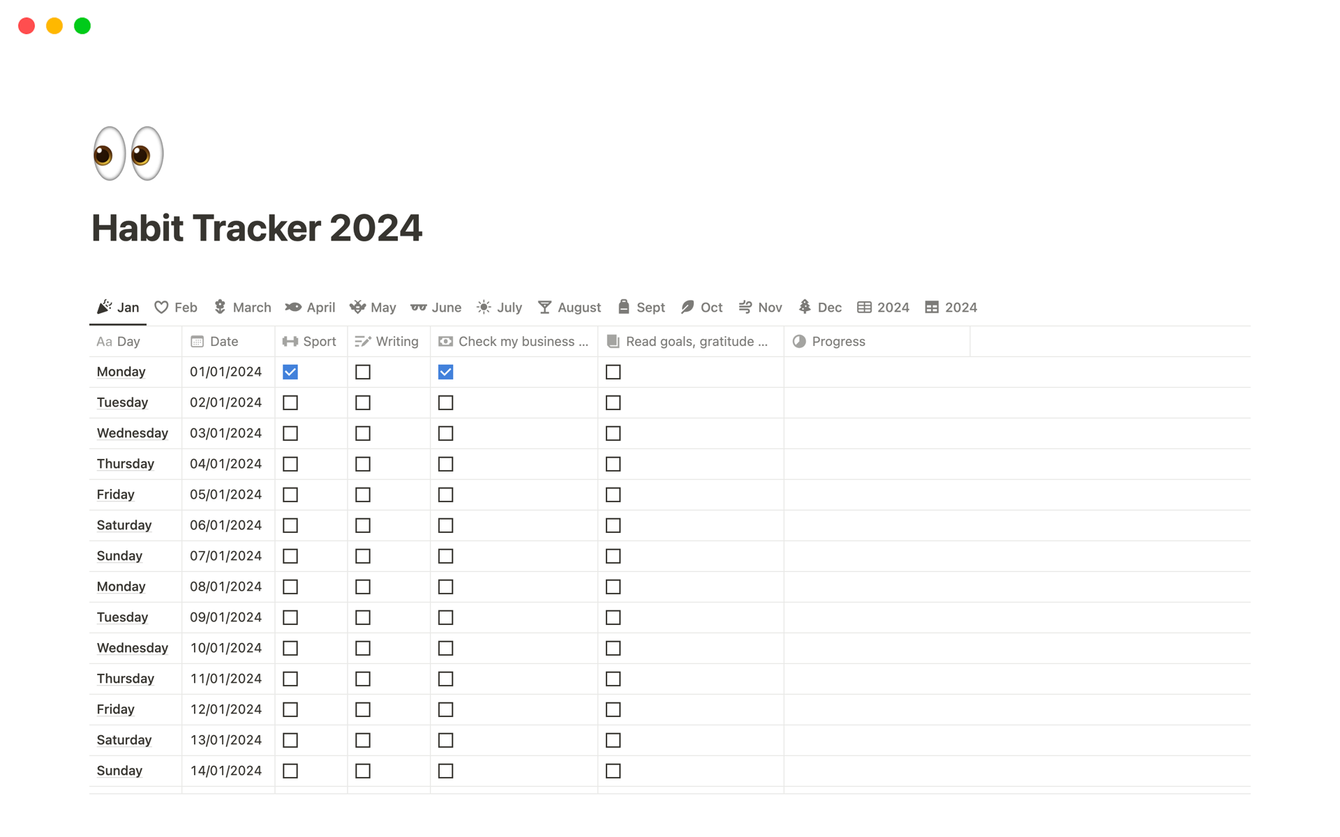Vista previa de plantilla para Habit Tracker 2024