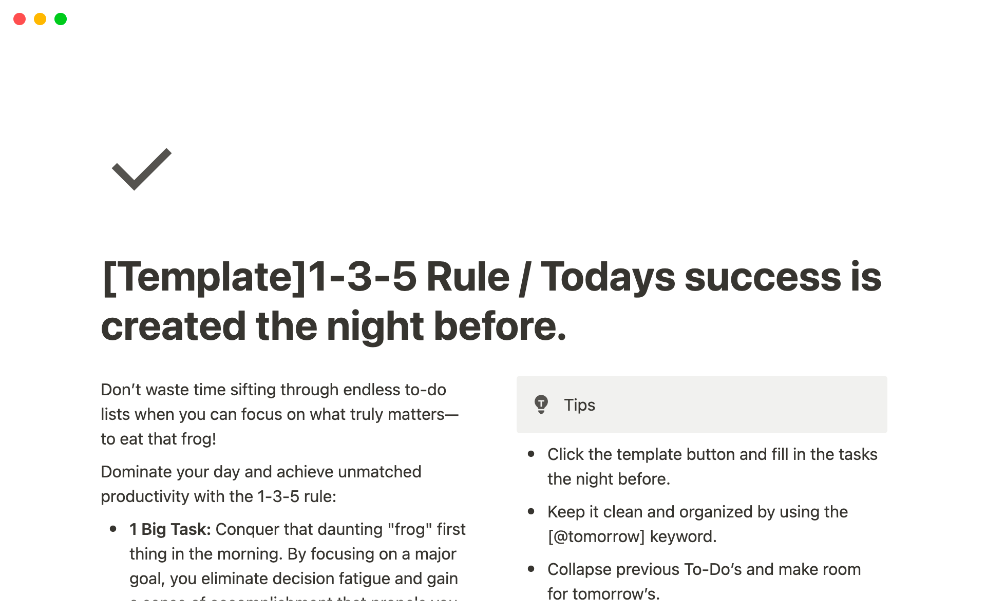 A template preview for 1-3-5 Rule / Today's success is created the night before