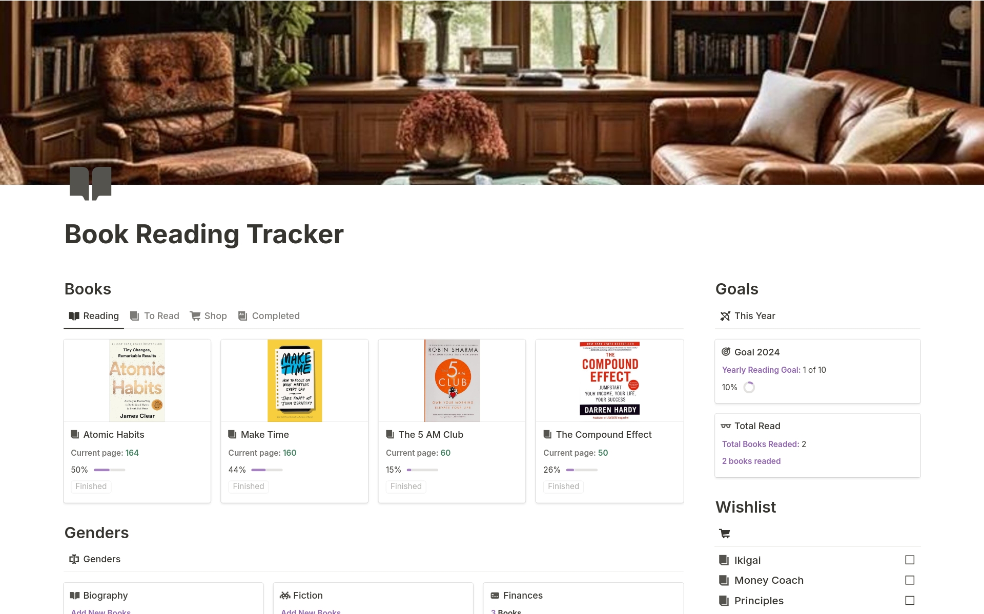 En förhandsgranskning av mallen för Book Reading Tracker