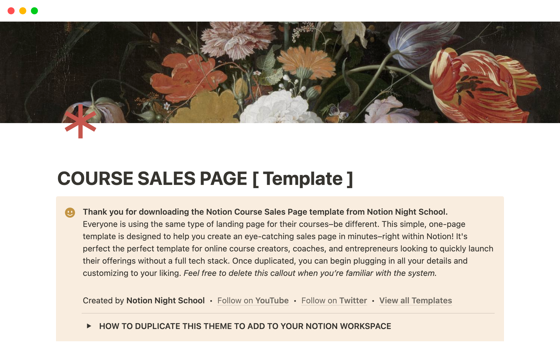 En forhåndsvisning av mal for Course Sales Page Template