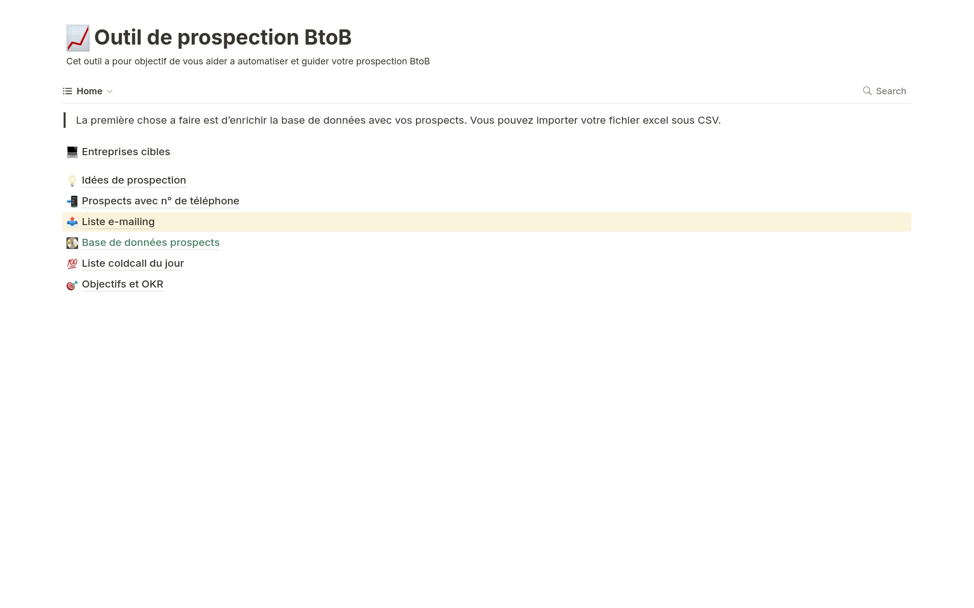 A template preview for Outil de prospection BtoB