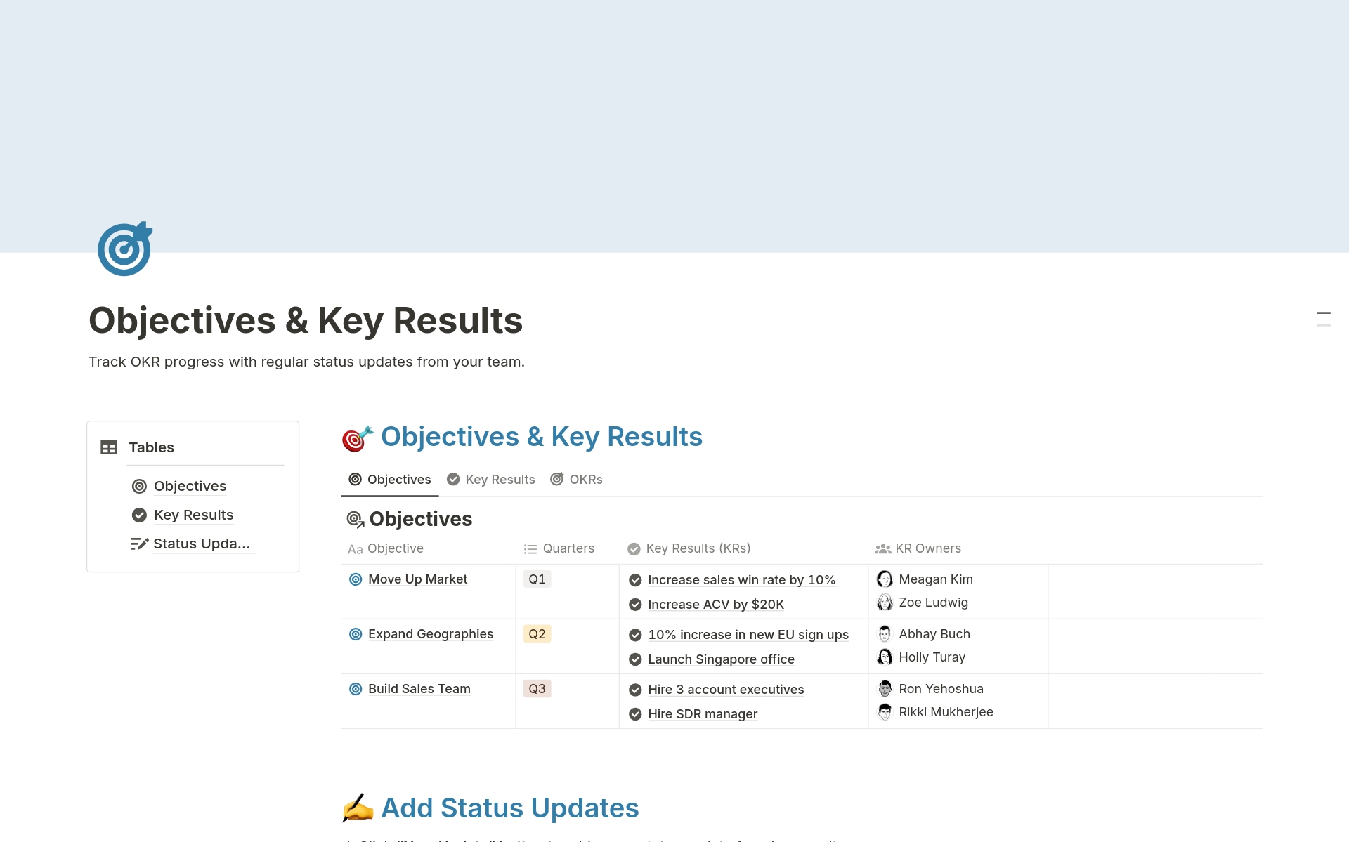 Vista previa de una plantilla para Objectives & Key Results
