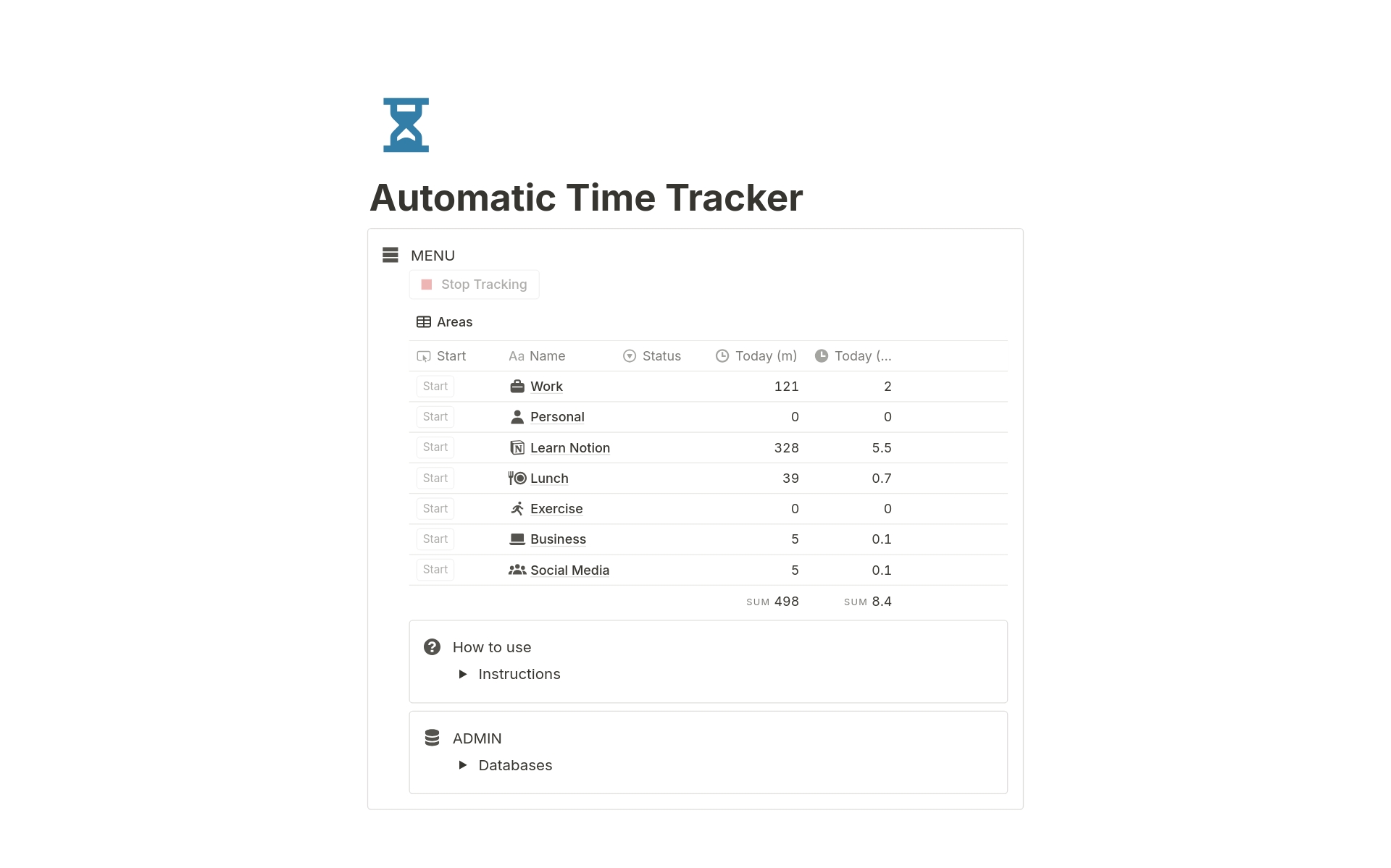 A template preview for Automatic Time Tracker