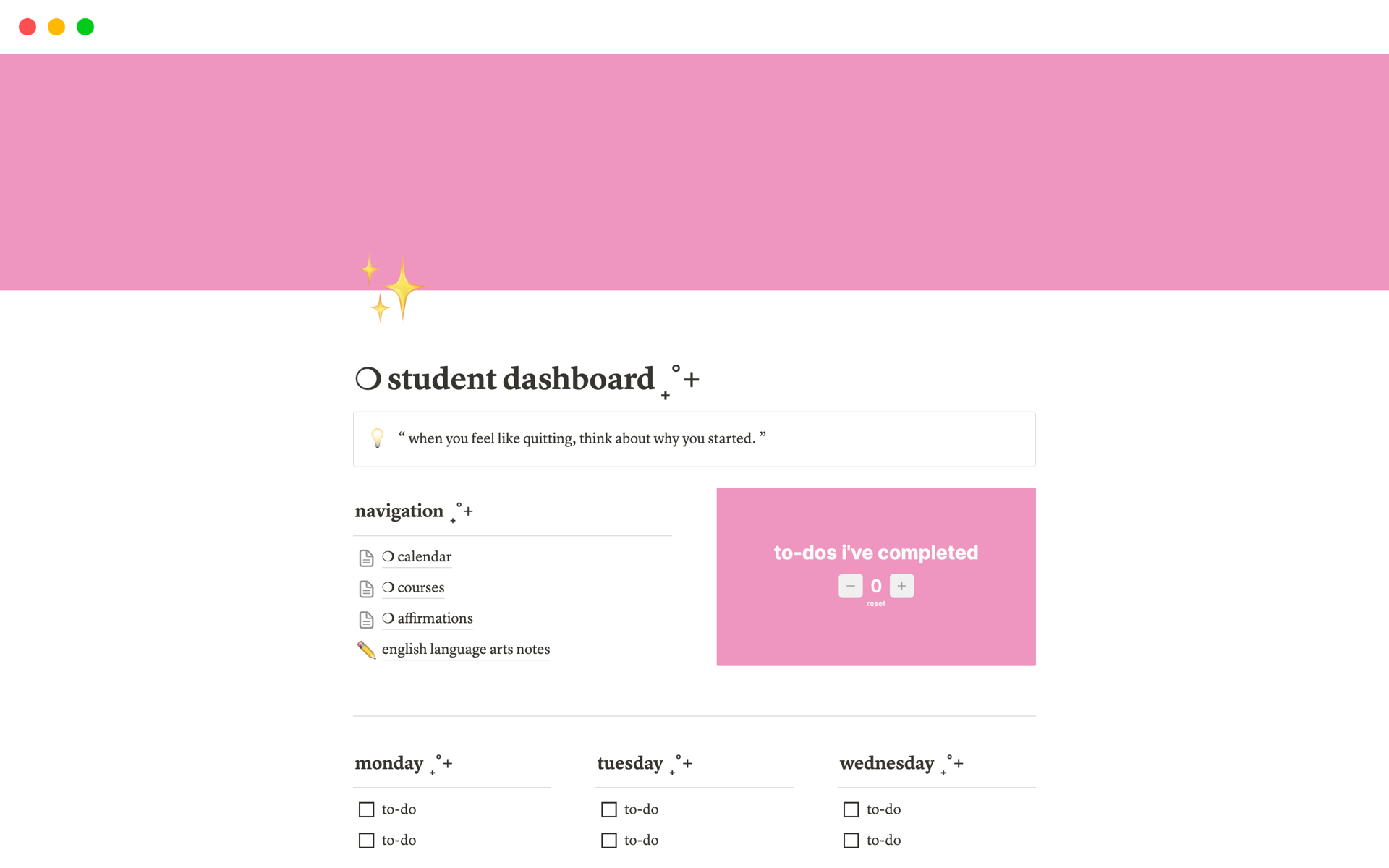 A template preview for student dashboard