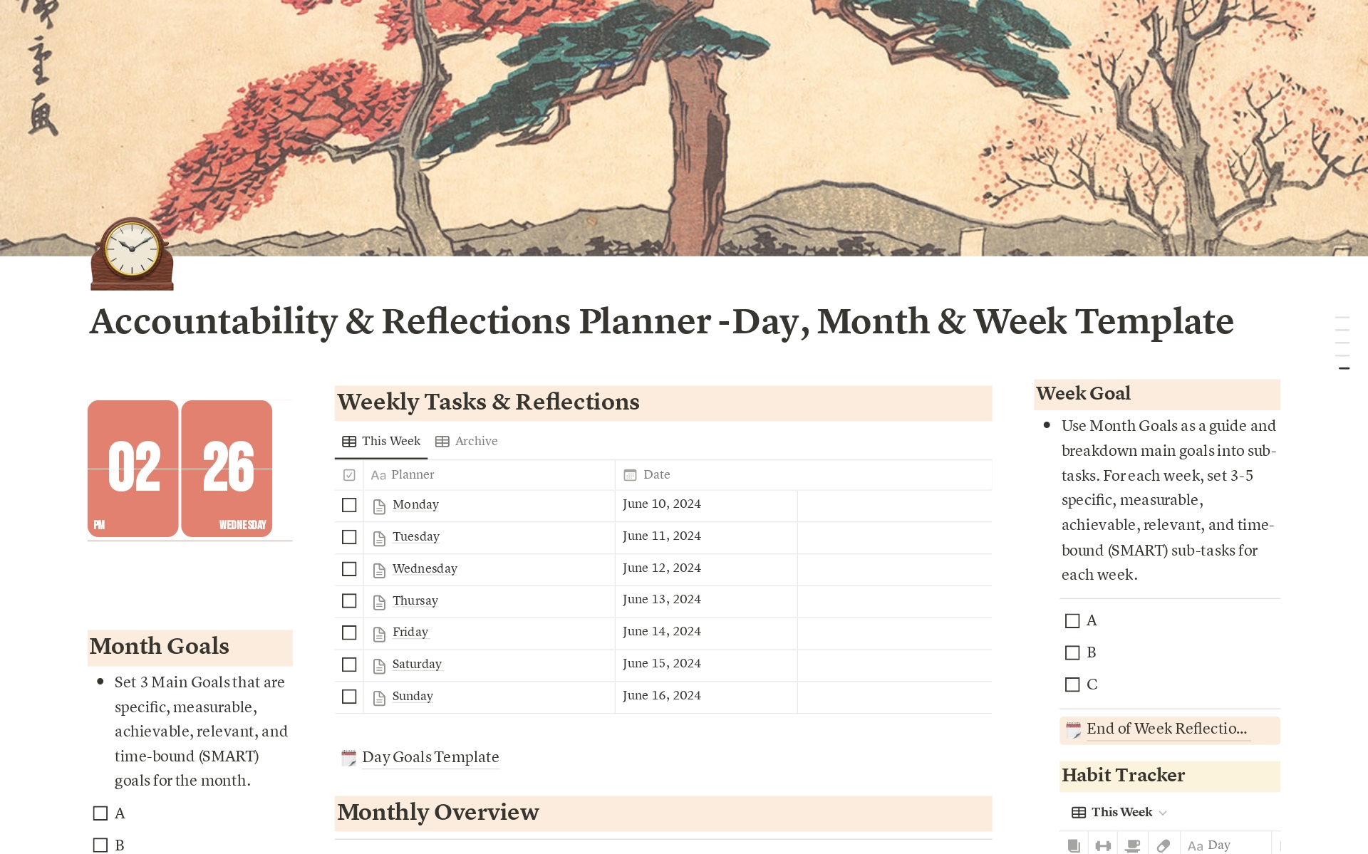 Daily, weekly, and monthly planning sections ; Task prioritization and goal setting ; Reflection prompts to track progress ; Built-in habit tracker to monitor routines; Clean, customizable Notion layout ; Perfect for professionals, students, and productivity enthusiasts