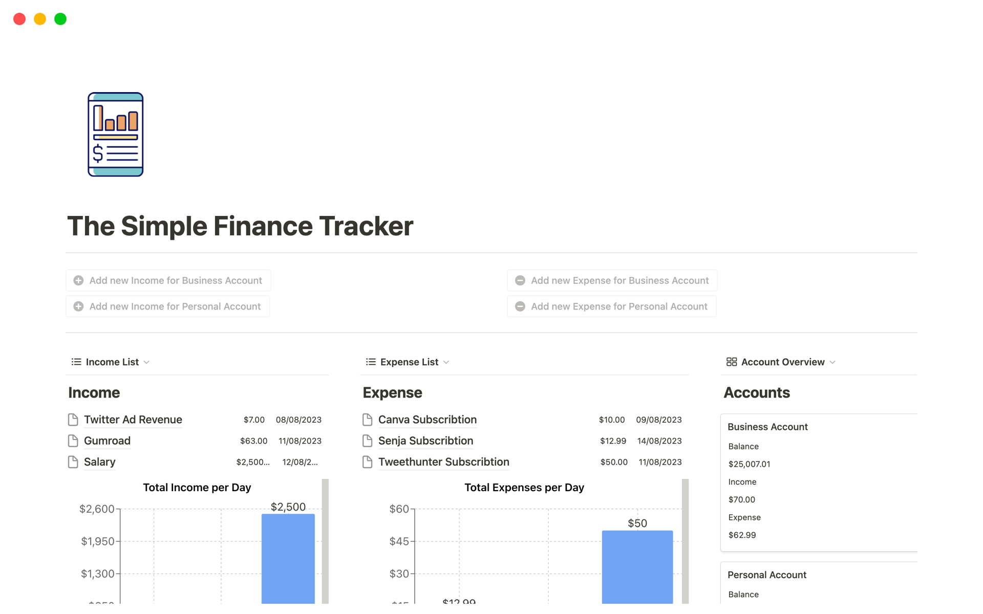 Uma prévia do modelo para The Simple Finance Tracker