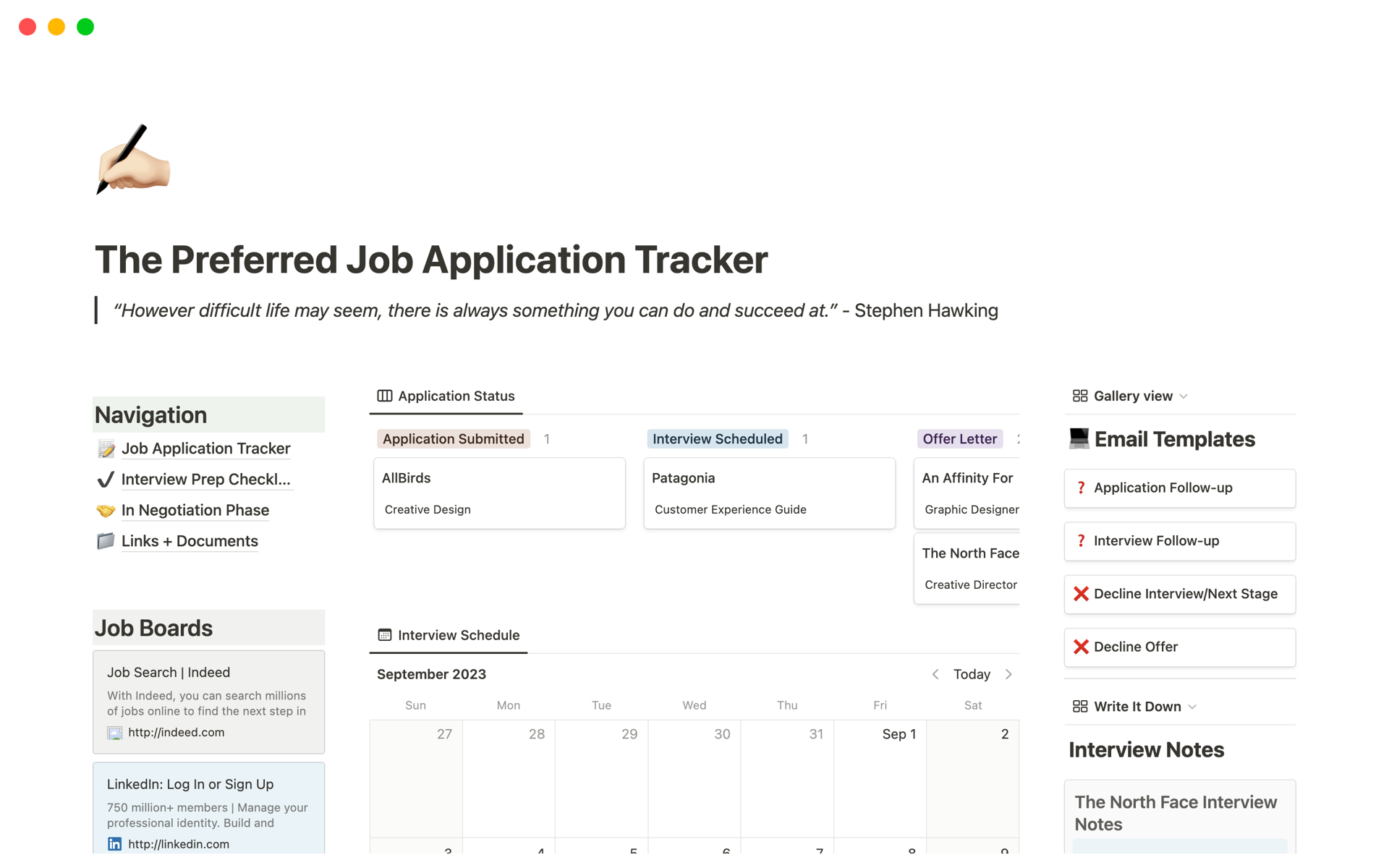 En förhandsgranskning av mallen för The Preferred Job Application Tracker
