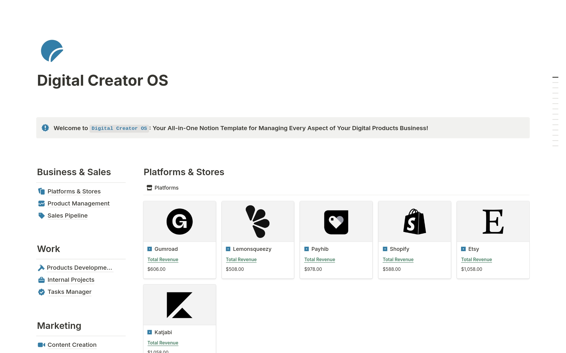 Vista previa de una plantilla para Digital Creator OS