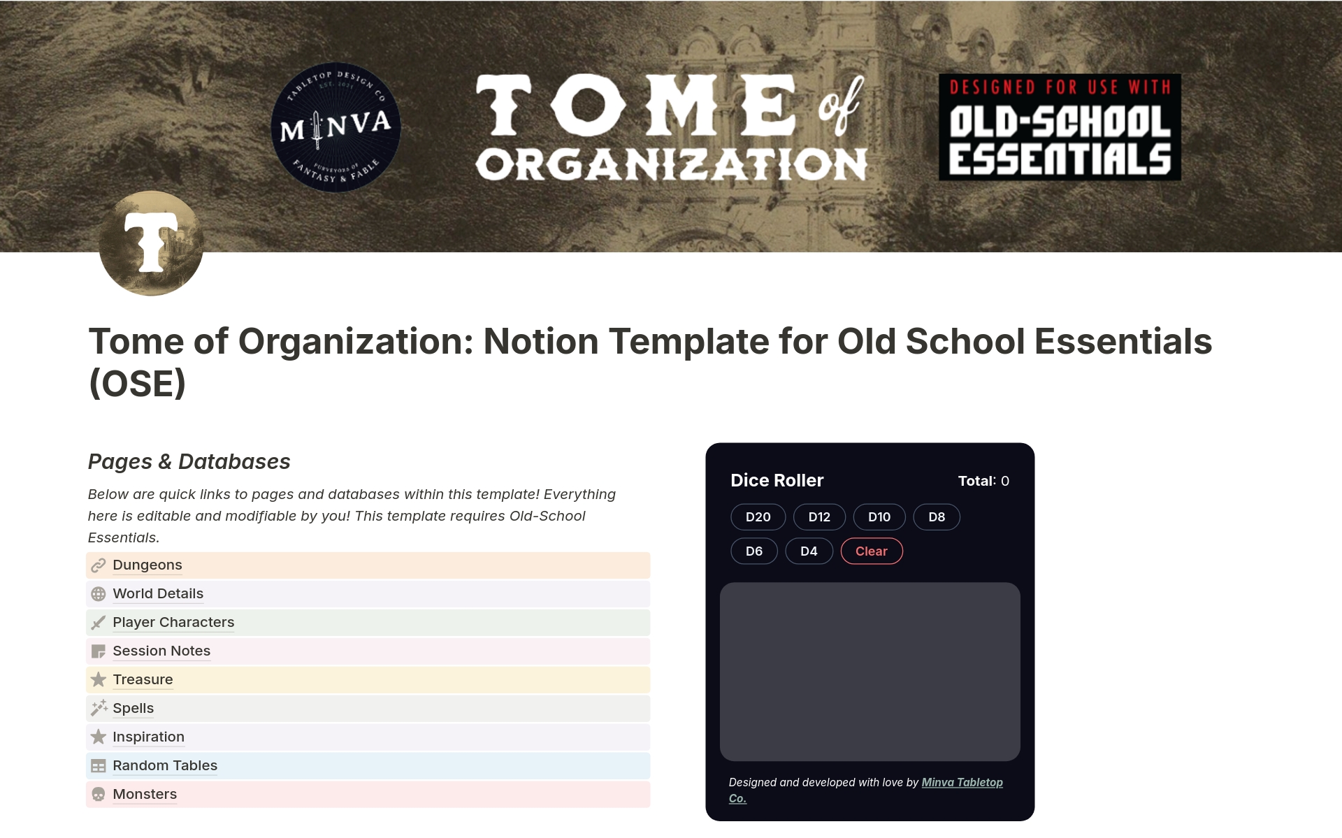 Just because you love Old-School Essentials, doesn't mean you have to use old-school tools! The Tome of Organization Notion Template for OSE uses powerful interconnected databases, pre-built templates, and much more. 