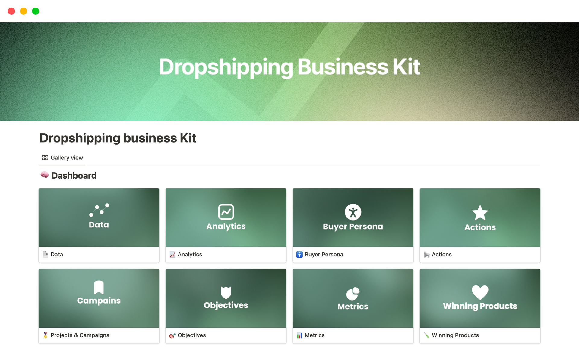 En forhåndsvisning av mal for Dropshipping business Kit