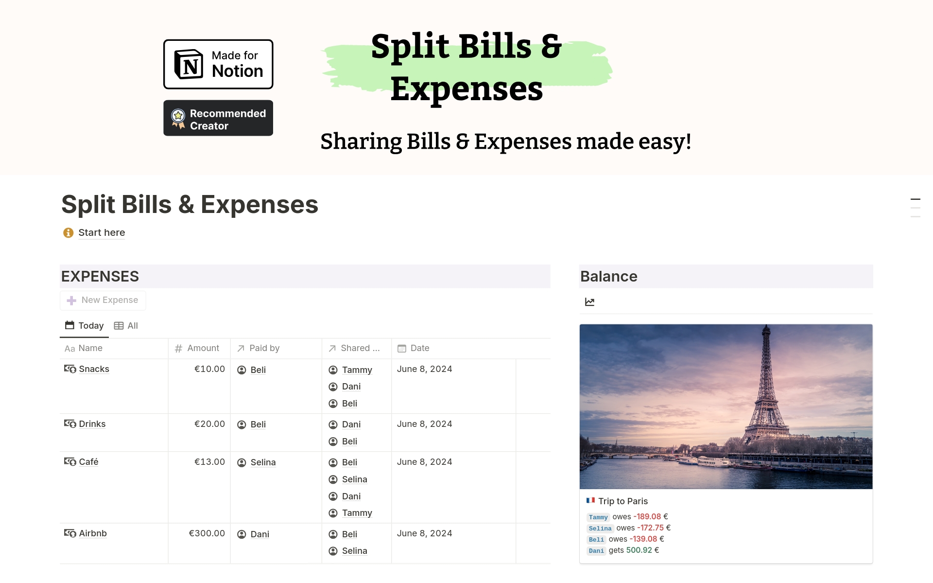 En forhåndsvisning av mal for Split Bills & Expenses
