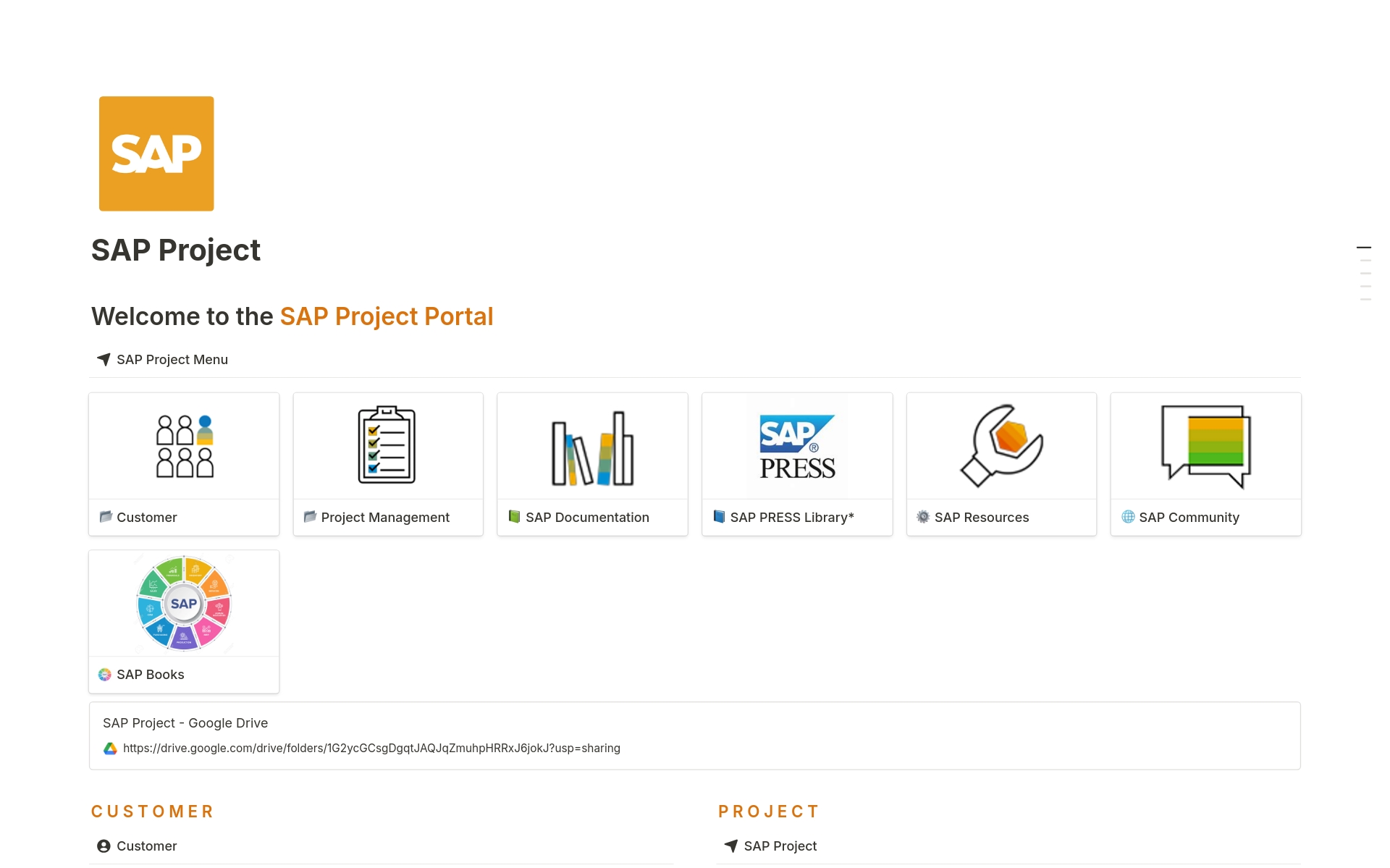 En forhåndsvisning av mal for SAP Project