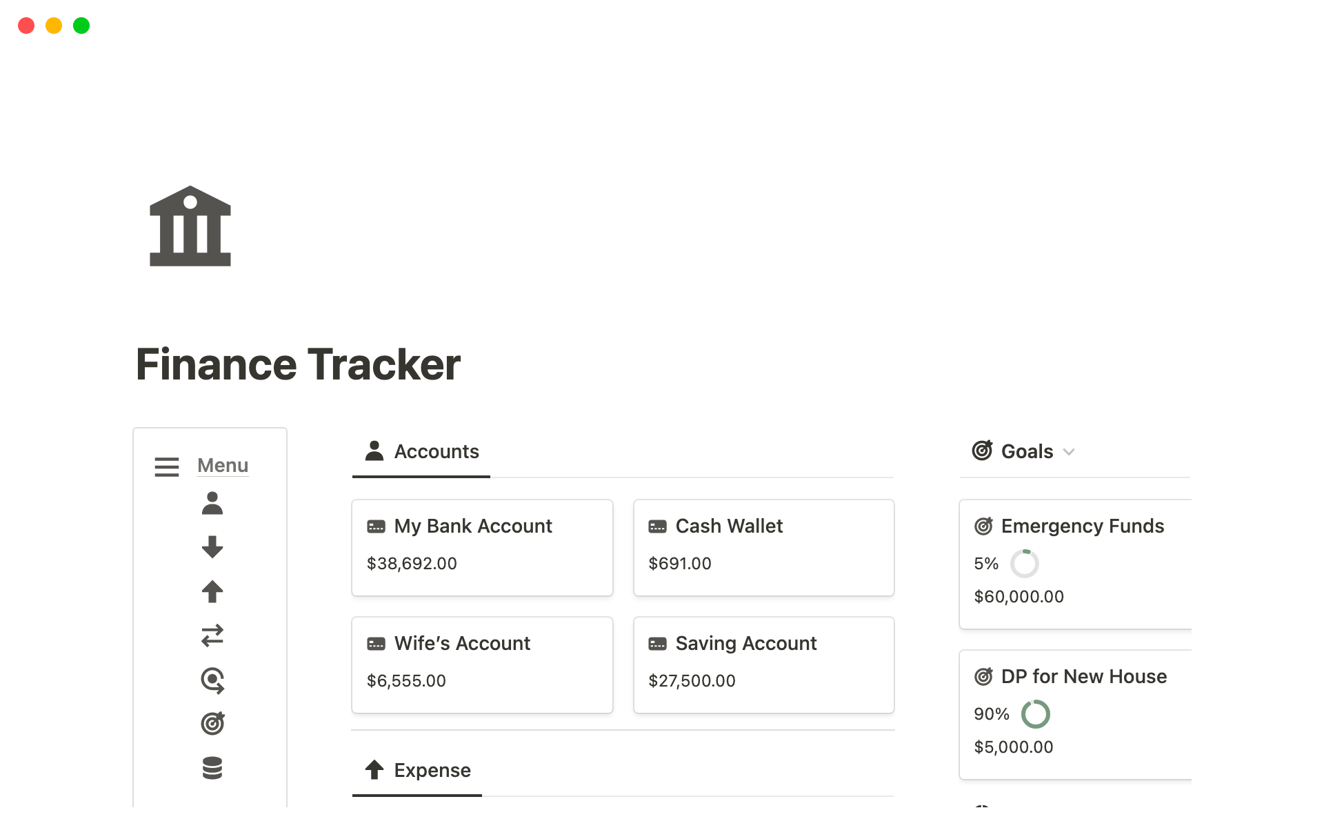 Vista previa de una plantilla para Finance Tracker by Rosidssoy