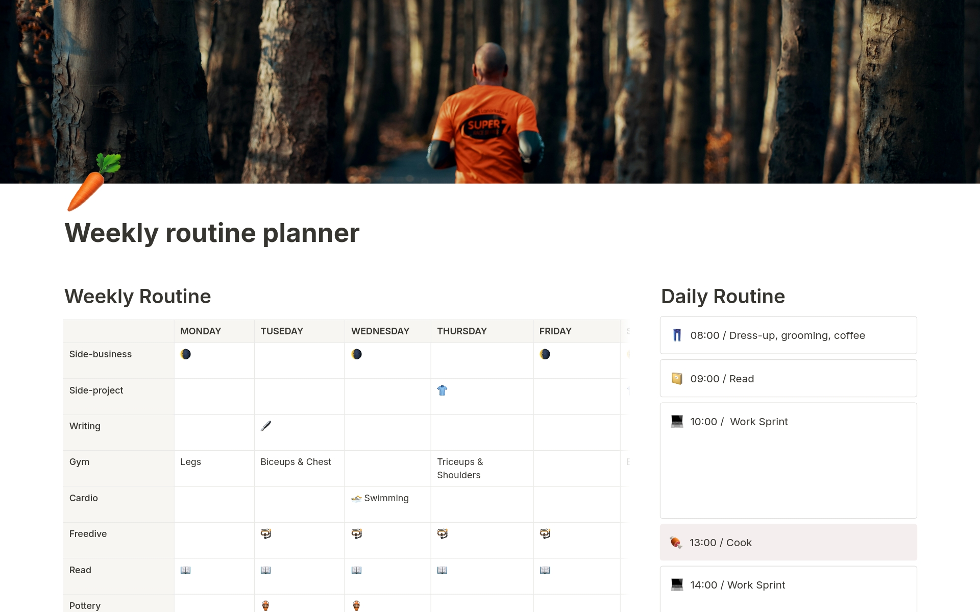 A weekly routine planner for scheduling habits and daily activities like gym, jogging, hobbies, and side projects