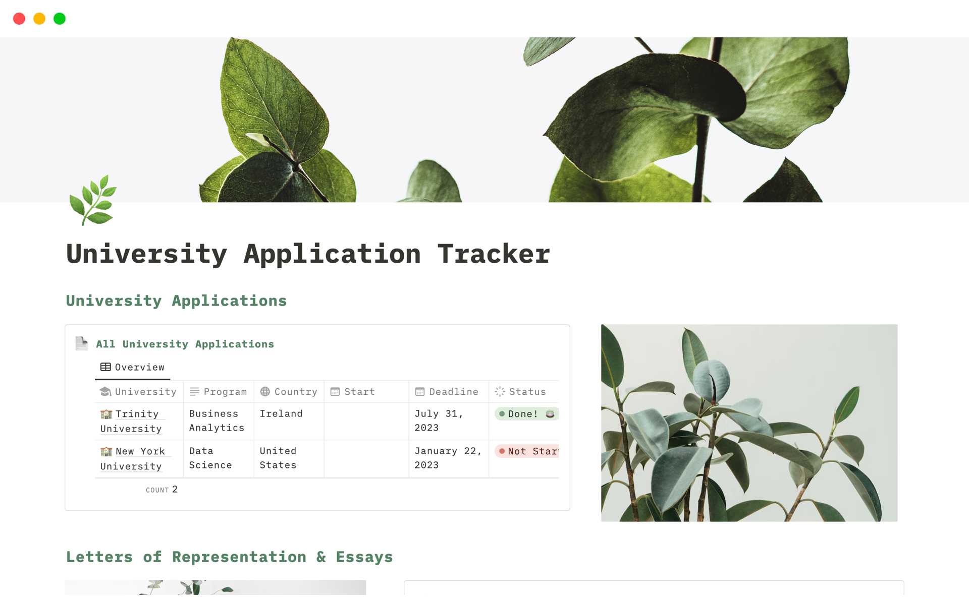 Mallin esikatselu nimelle Minimalistic University Application Tracker