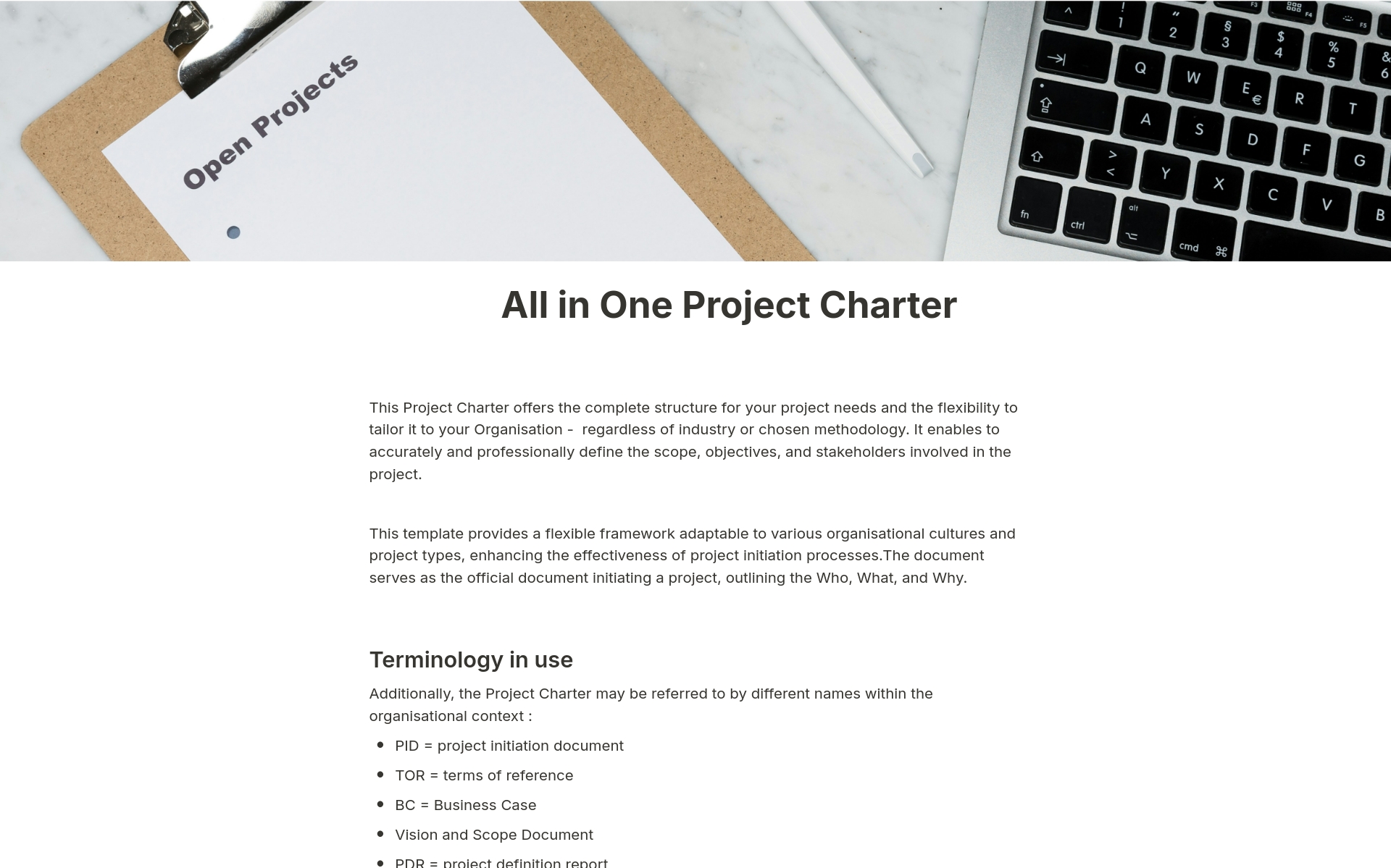 En förhandsgranskning av mallen för All in One Project Charter