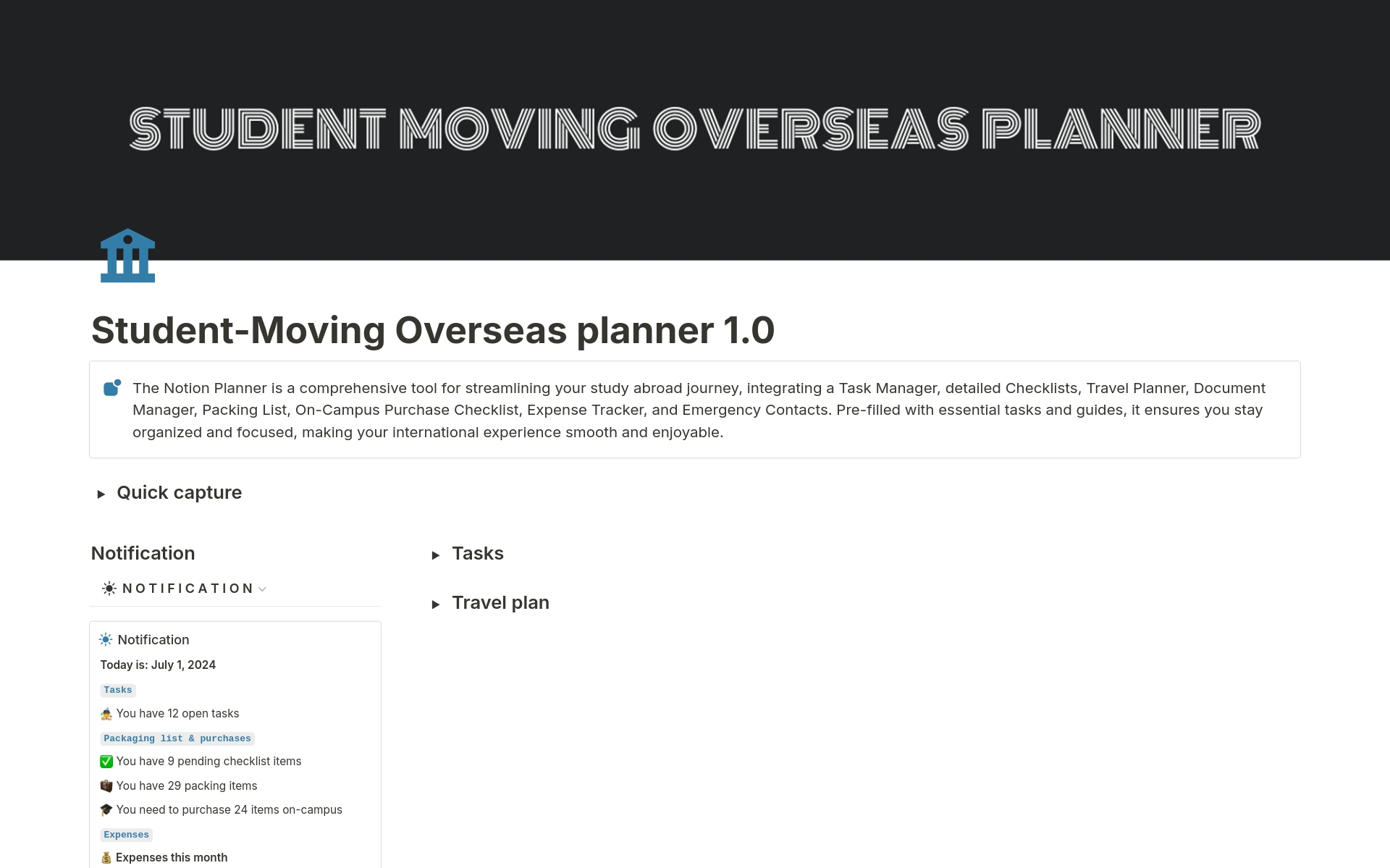 A template preview for Student-Moving Overseas planner