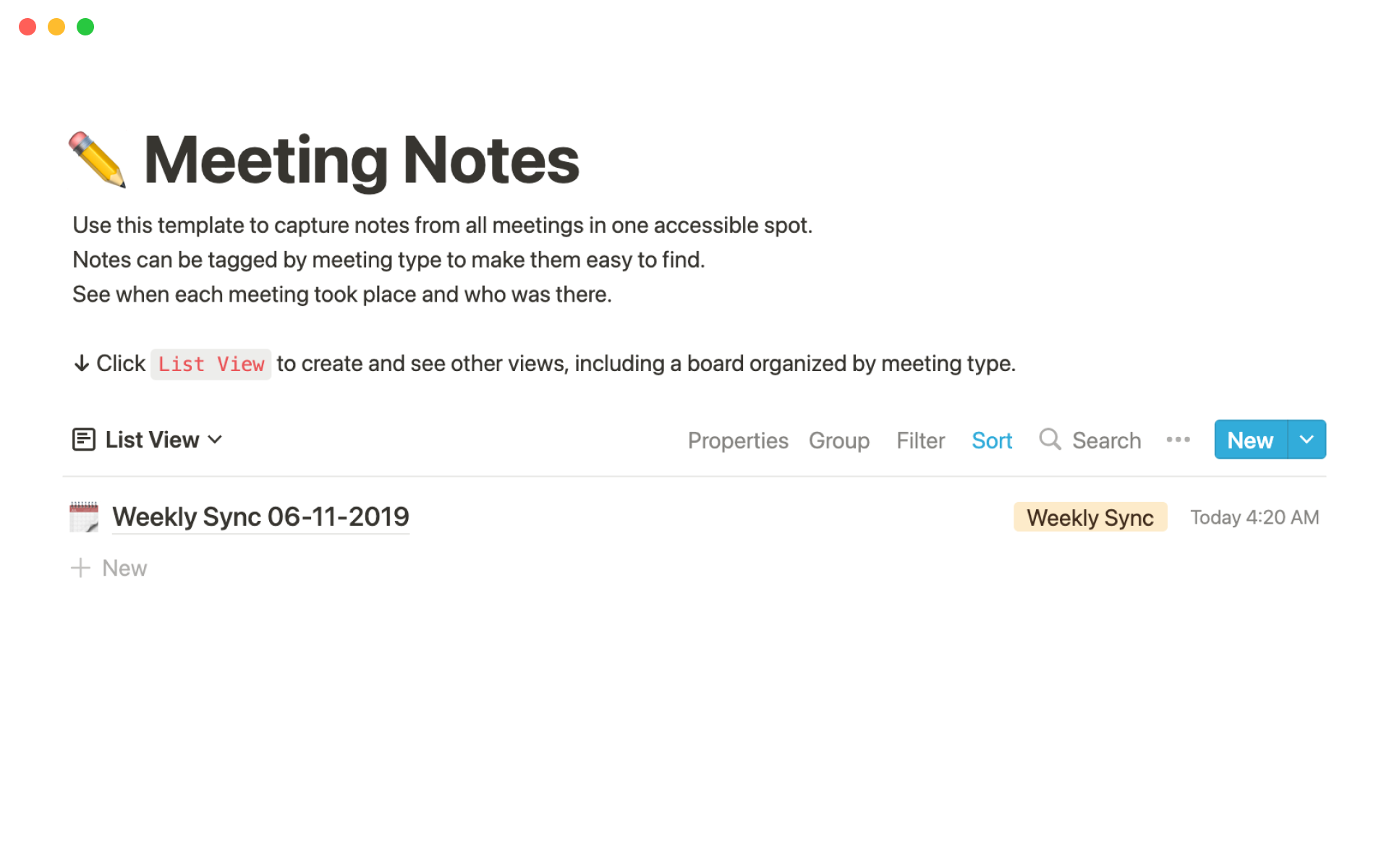 En forhåndsvisning av mal for Marketing meeting notes