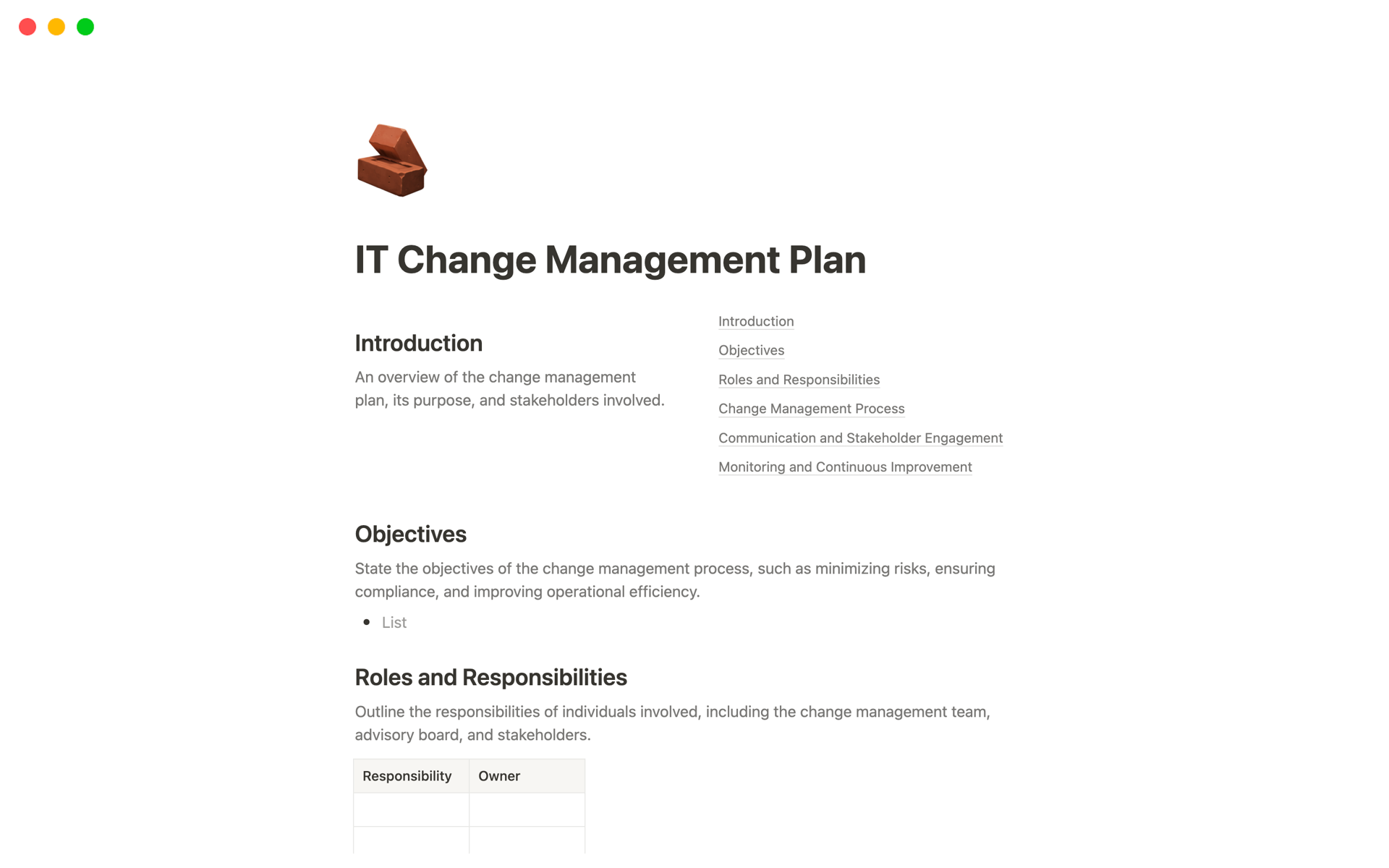 Vista previa de una plantilla para IT Change Management Plan