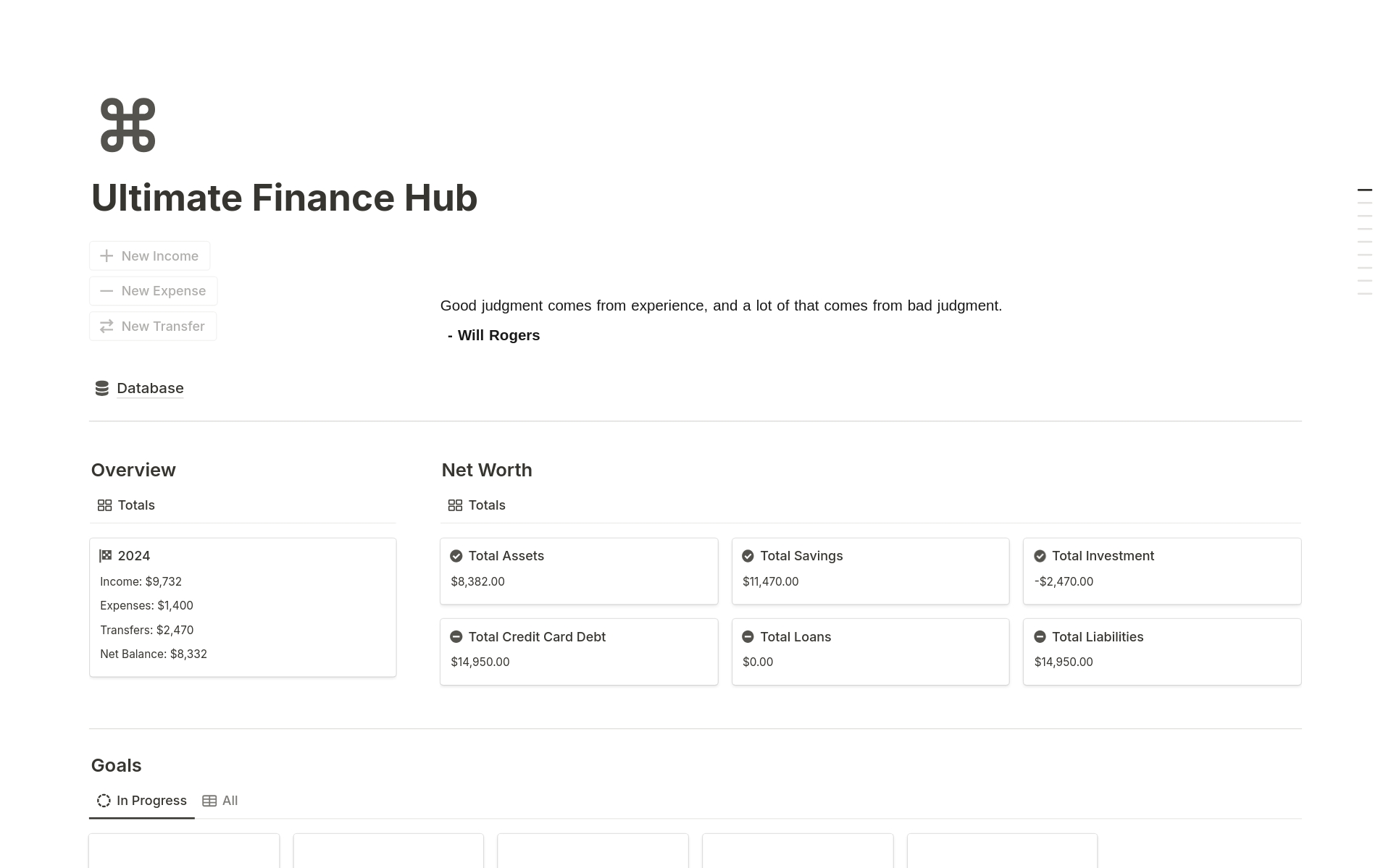 En förhandsgranskning av mallen för Ultimate Finance Hub