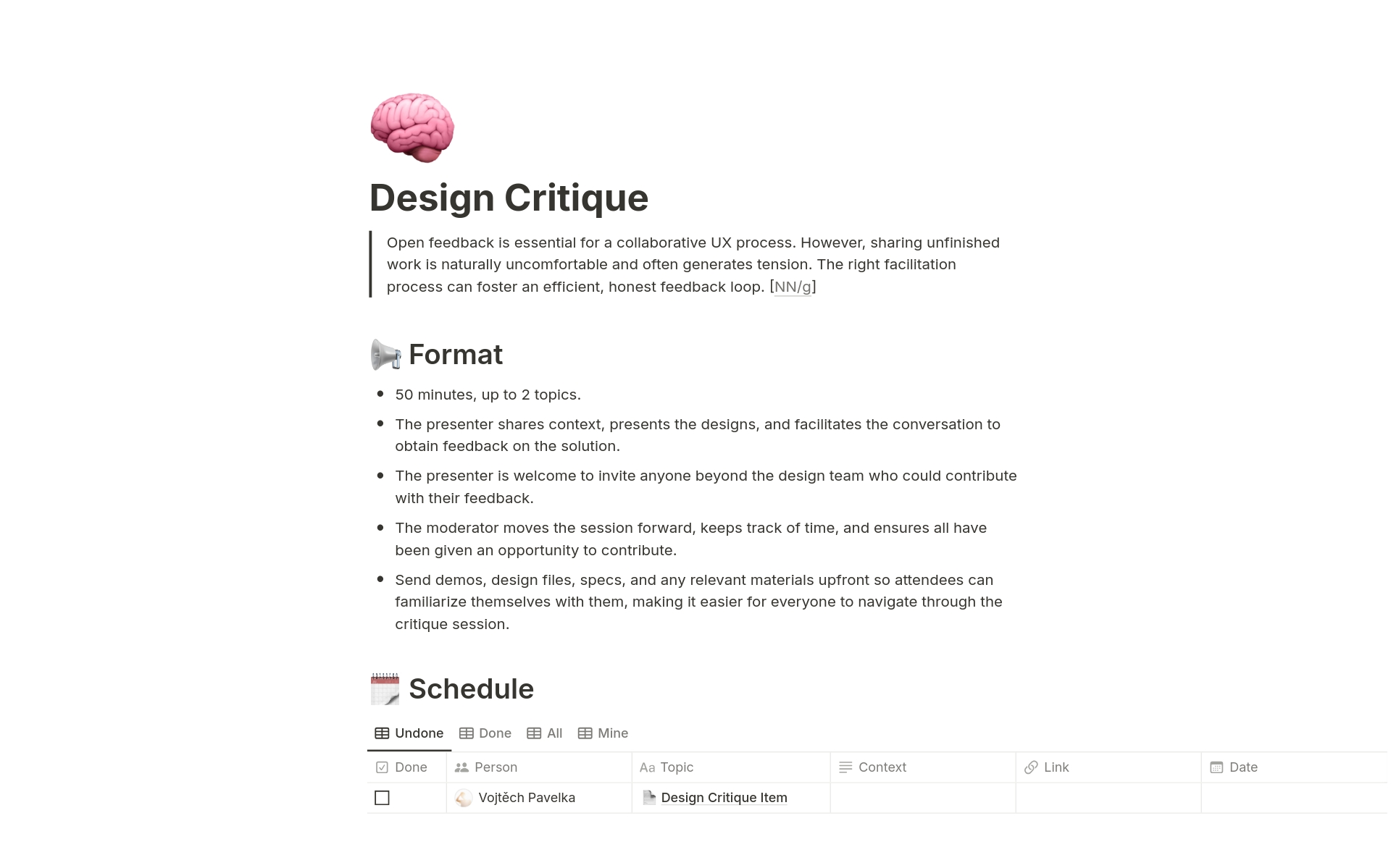 Eine Vorlagenvorschau für Design Critique Library
