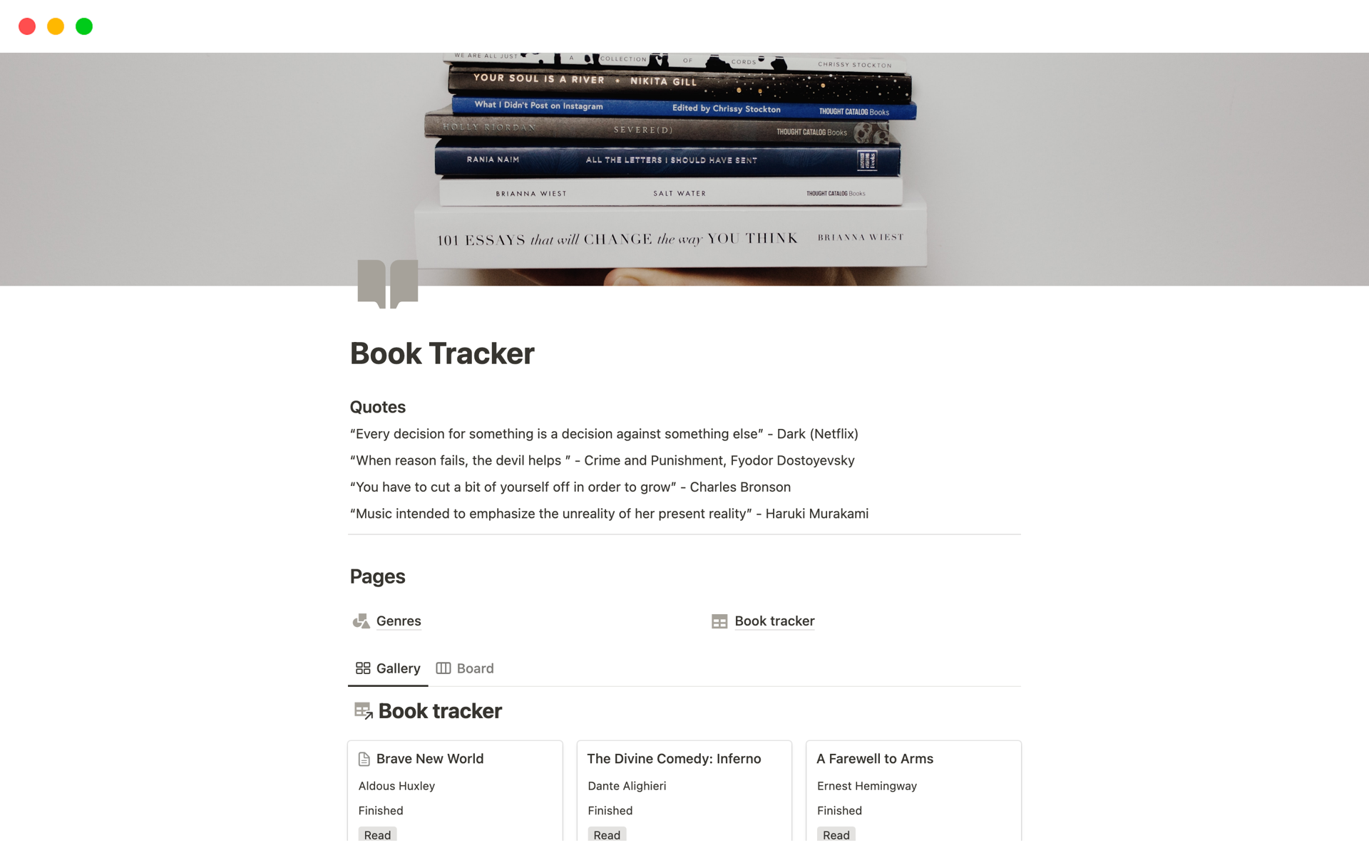 Keep your books and its notes or thoughts organised in this clean book tracker, providing a clean gallery view of your books and its genres.