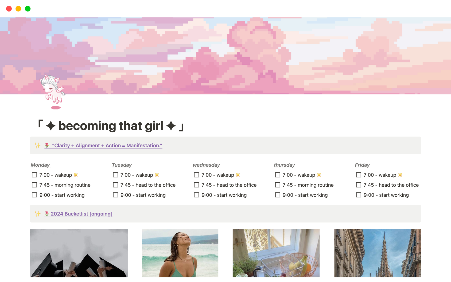 Cute and aesthetic pink and pastel vision board with pixel art. Allows you to create personalised goals,   