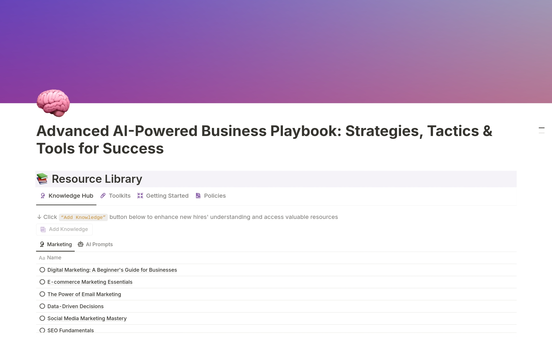 En förhandsgranskning av mallen för Advanced AI-Powered Business Playbook