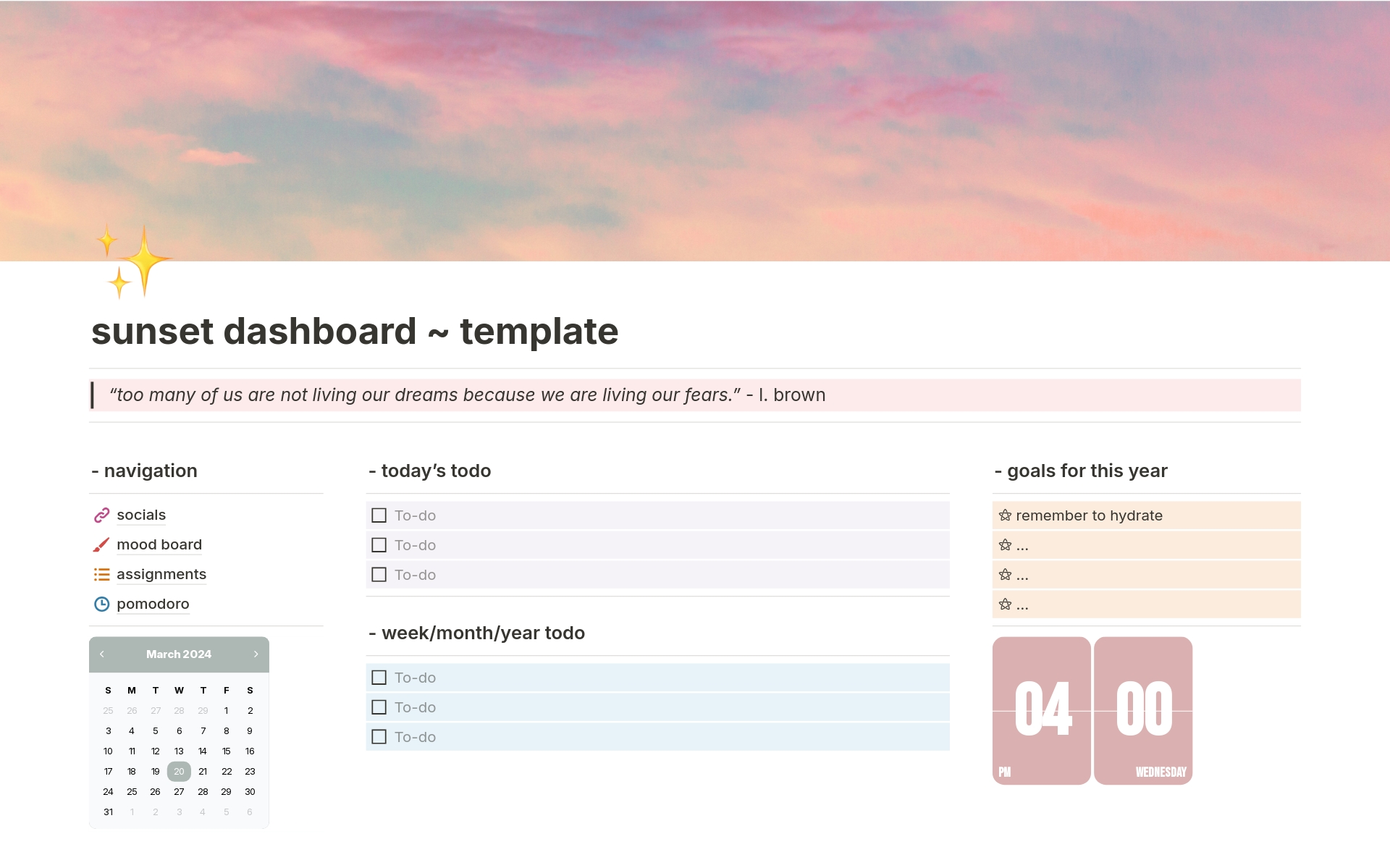 Eine Vorlagenvorschau für sunset aesthetic dashboard