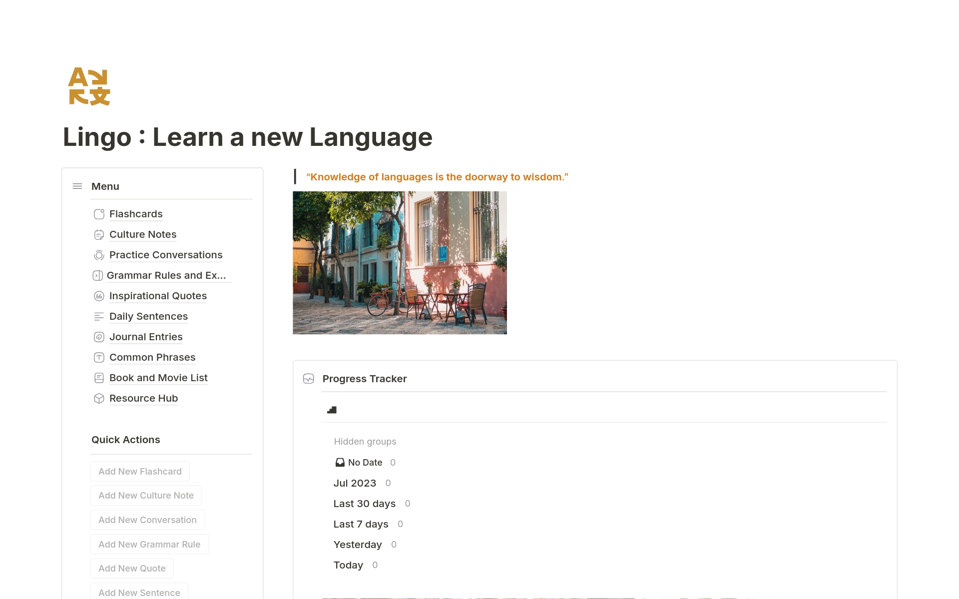 Learning a new language should not be overwhelming. With this language learning notion template, make your journey stress free.

Get the template and learn a new language stress free.  