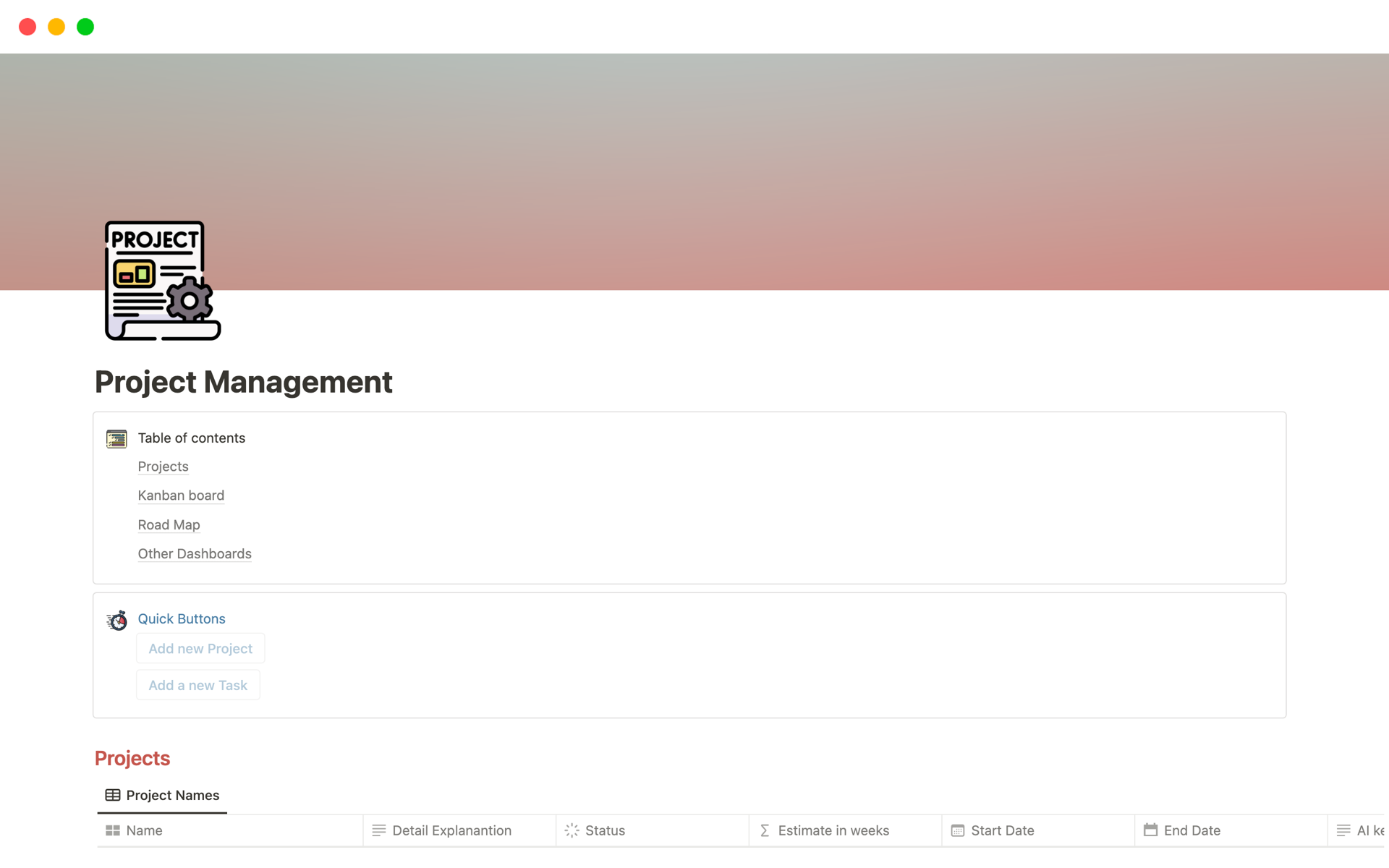 En förhandsgranskning av mallen för Project Management