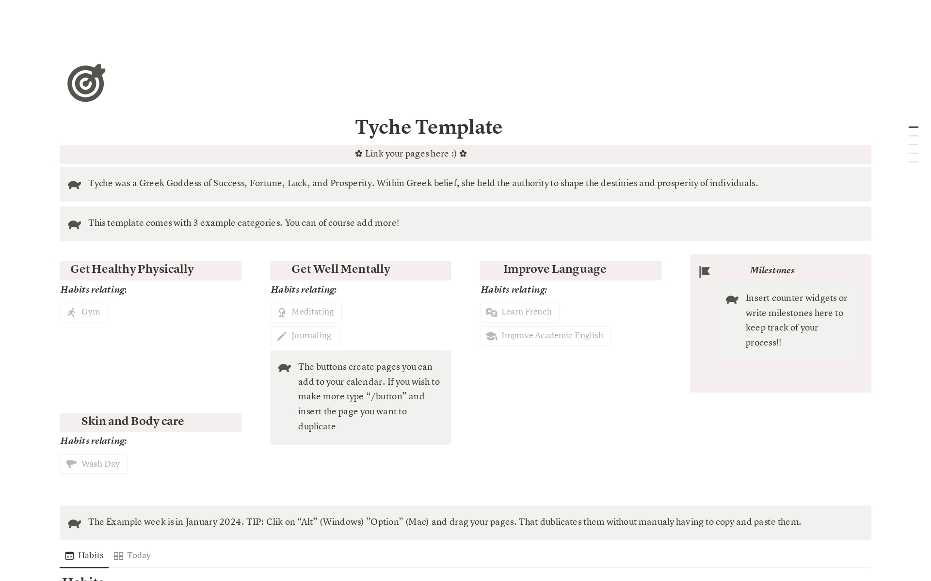 A template preview for Tyche's Habit Tracker