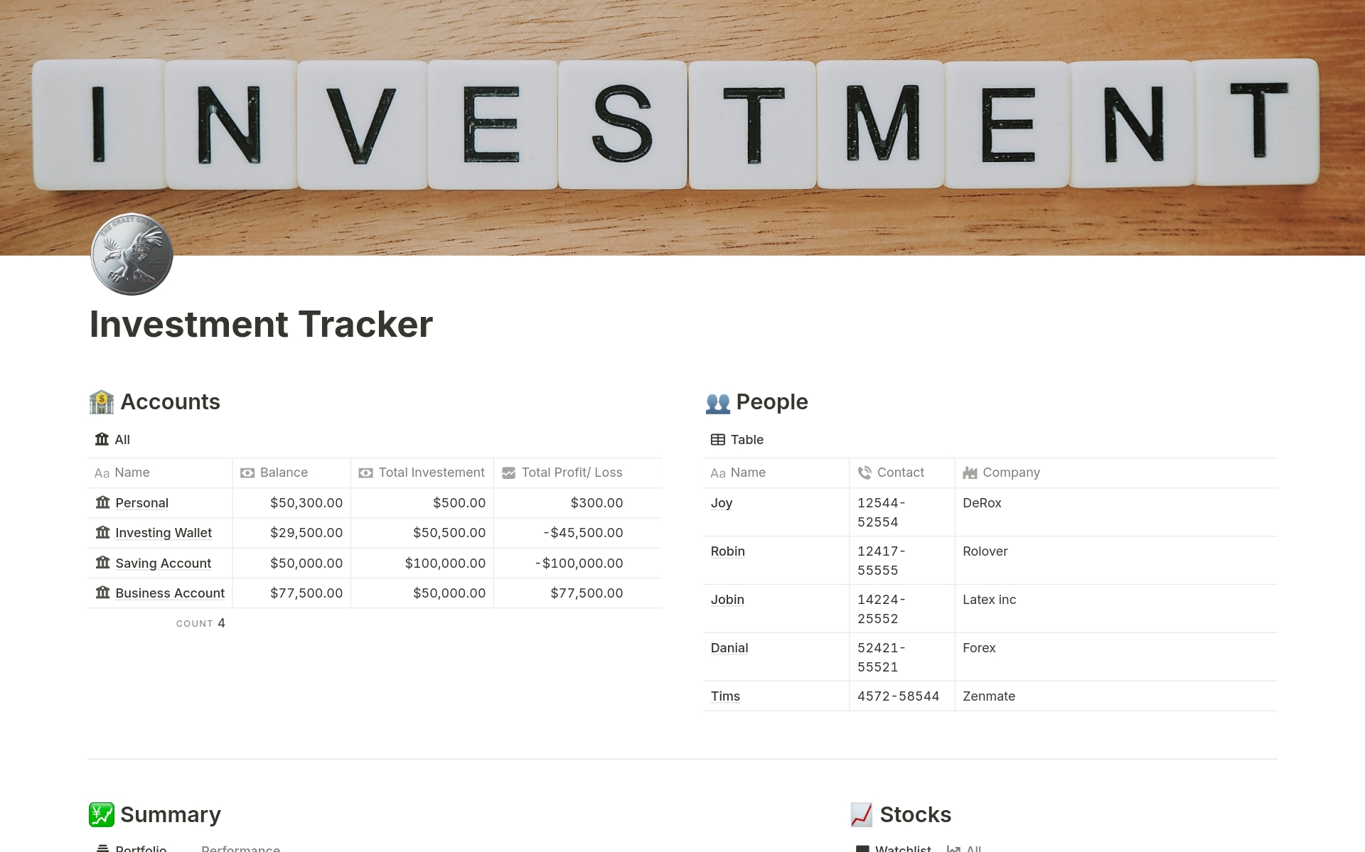 A template preview for Investment Tracker 