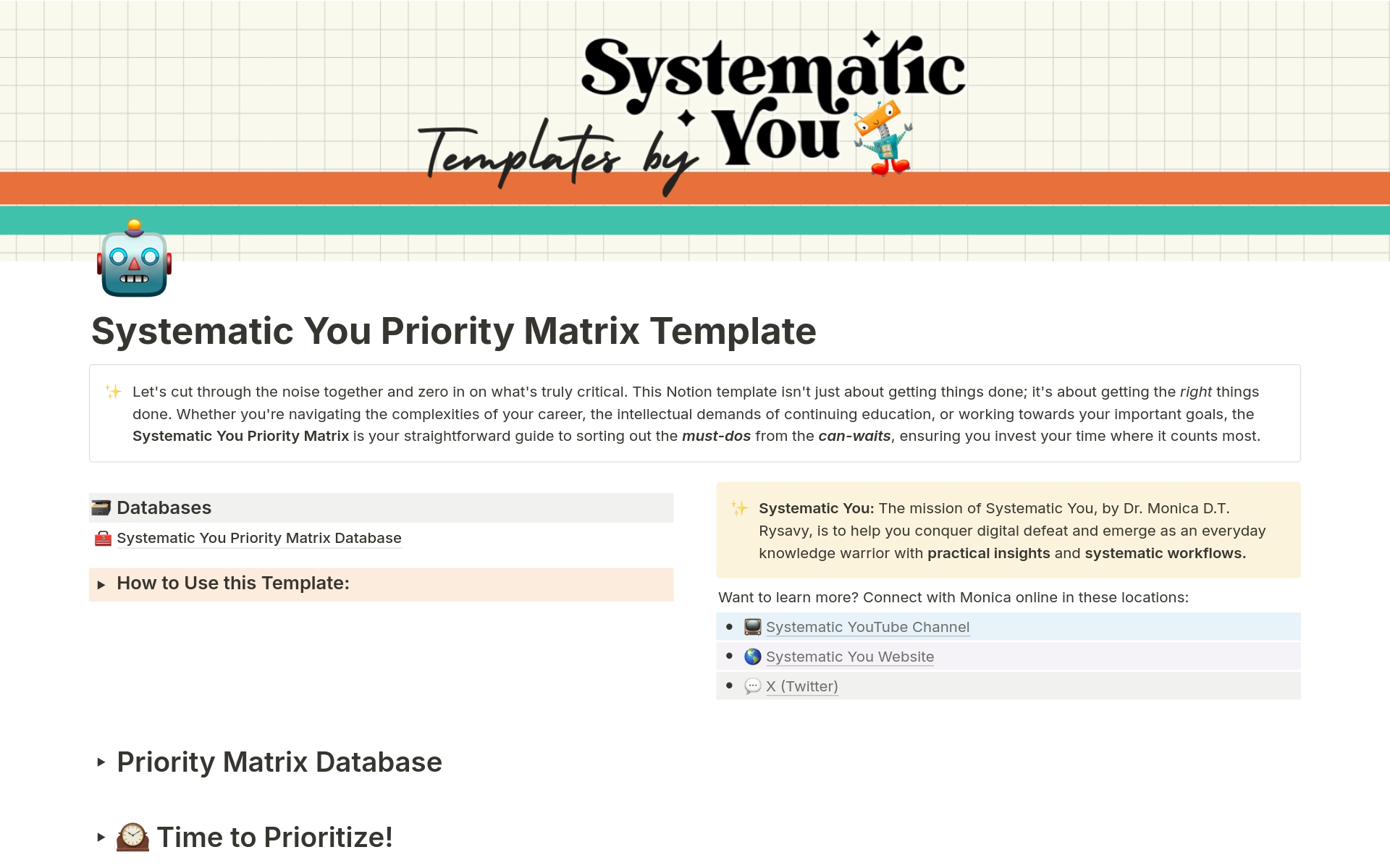 En förhandsgranskning av mallen för Systematic You Priority Matrix