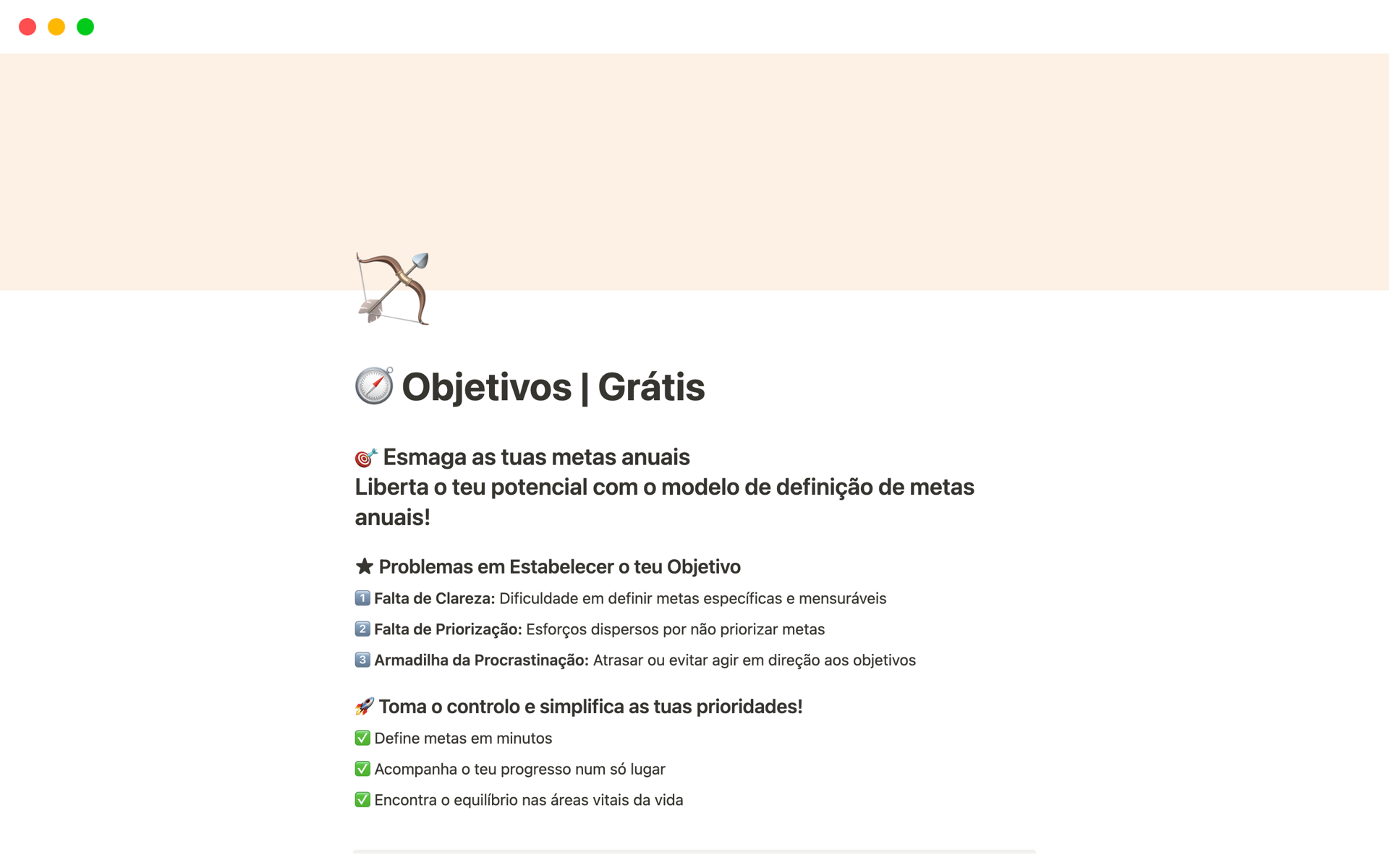 En forhåndsvisning av mal for 🧭 Objetivos | Grátis 