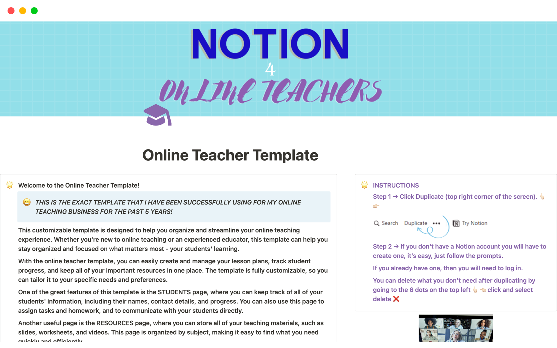 Vista previa de una plantilla para Online Teacher