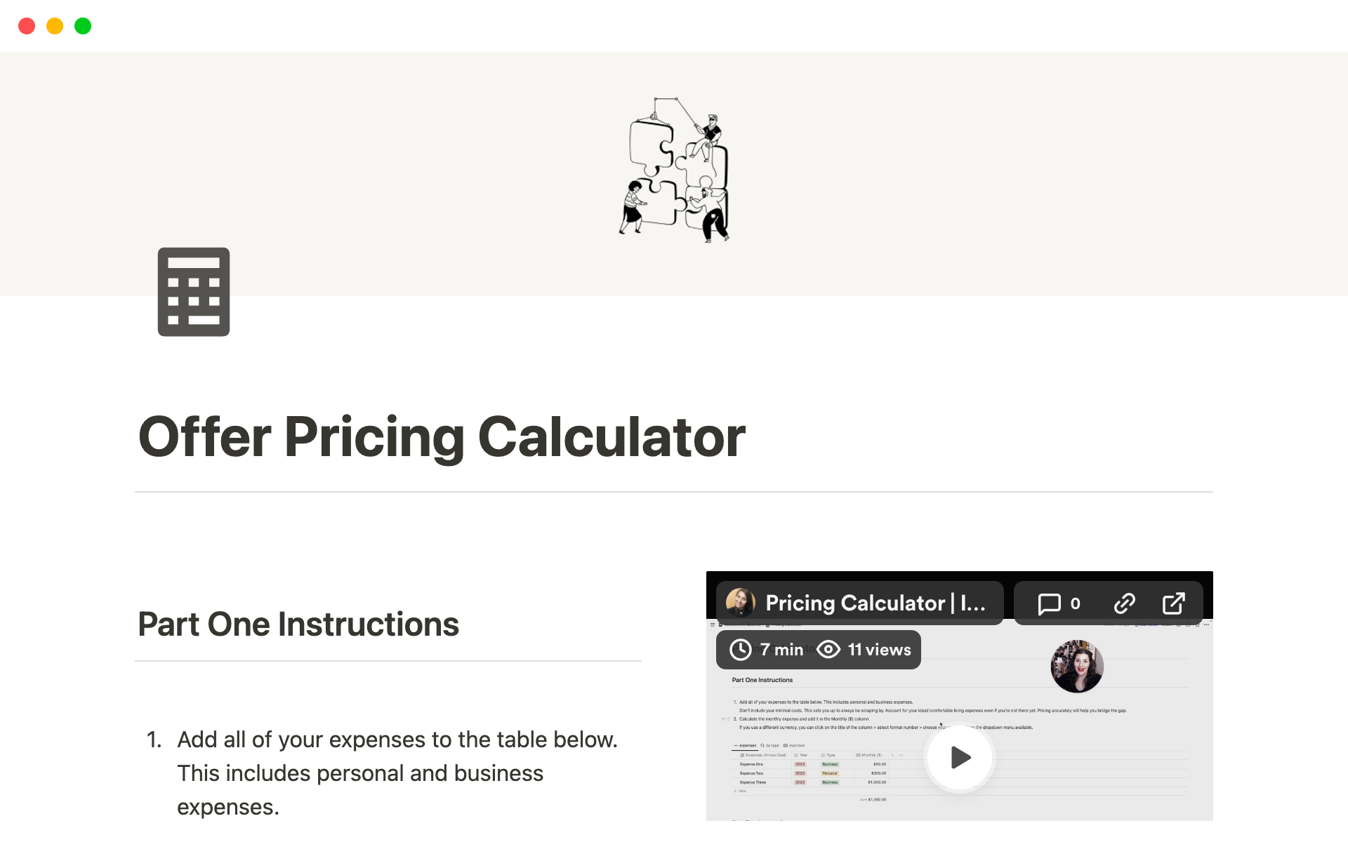 En förhandsgranskning av mallen för Offer Pricing Calculator