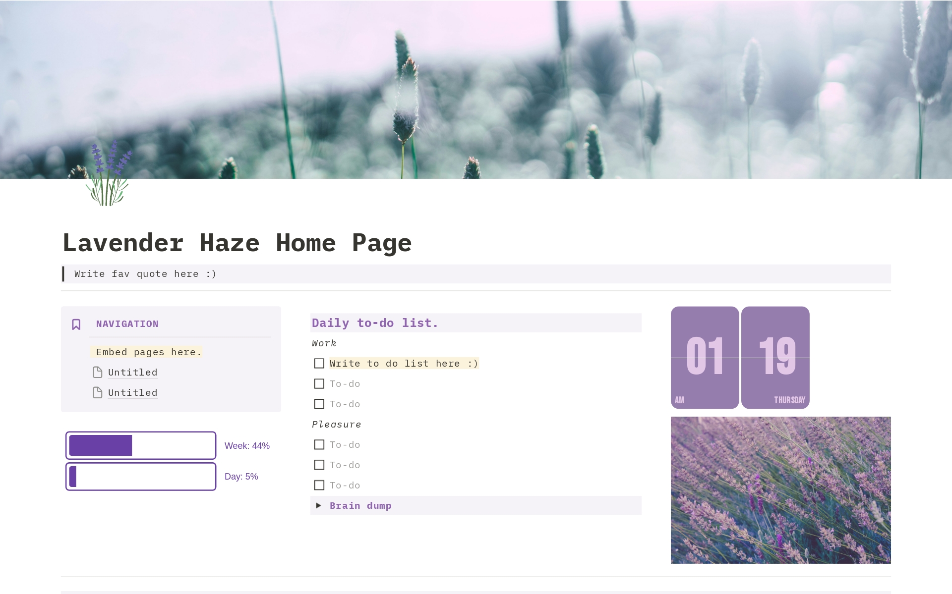 En förhandsgranskning av mallen för Lavender Haze Home Page