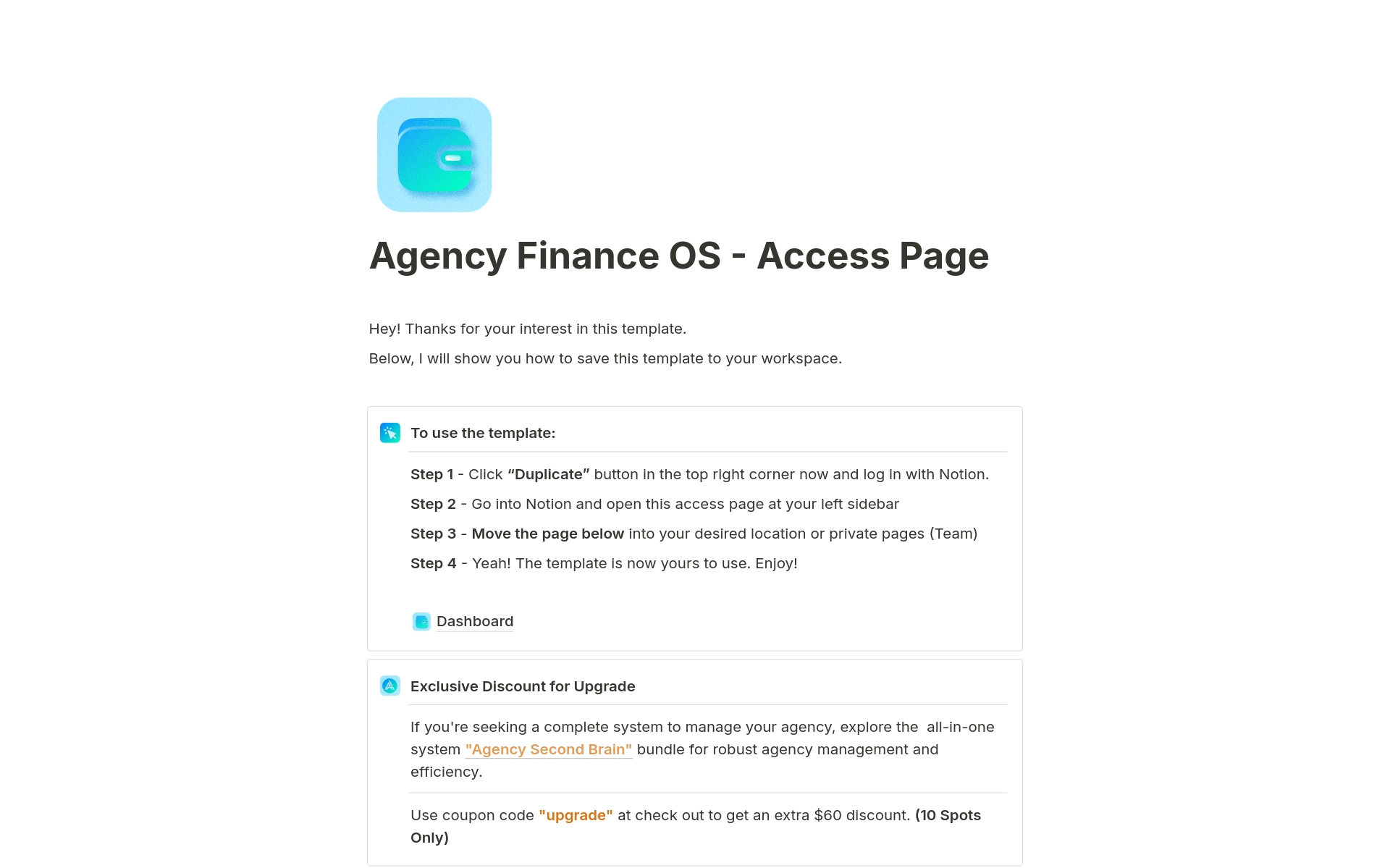 En forhåndsvisning av mal for Agency Finance OS