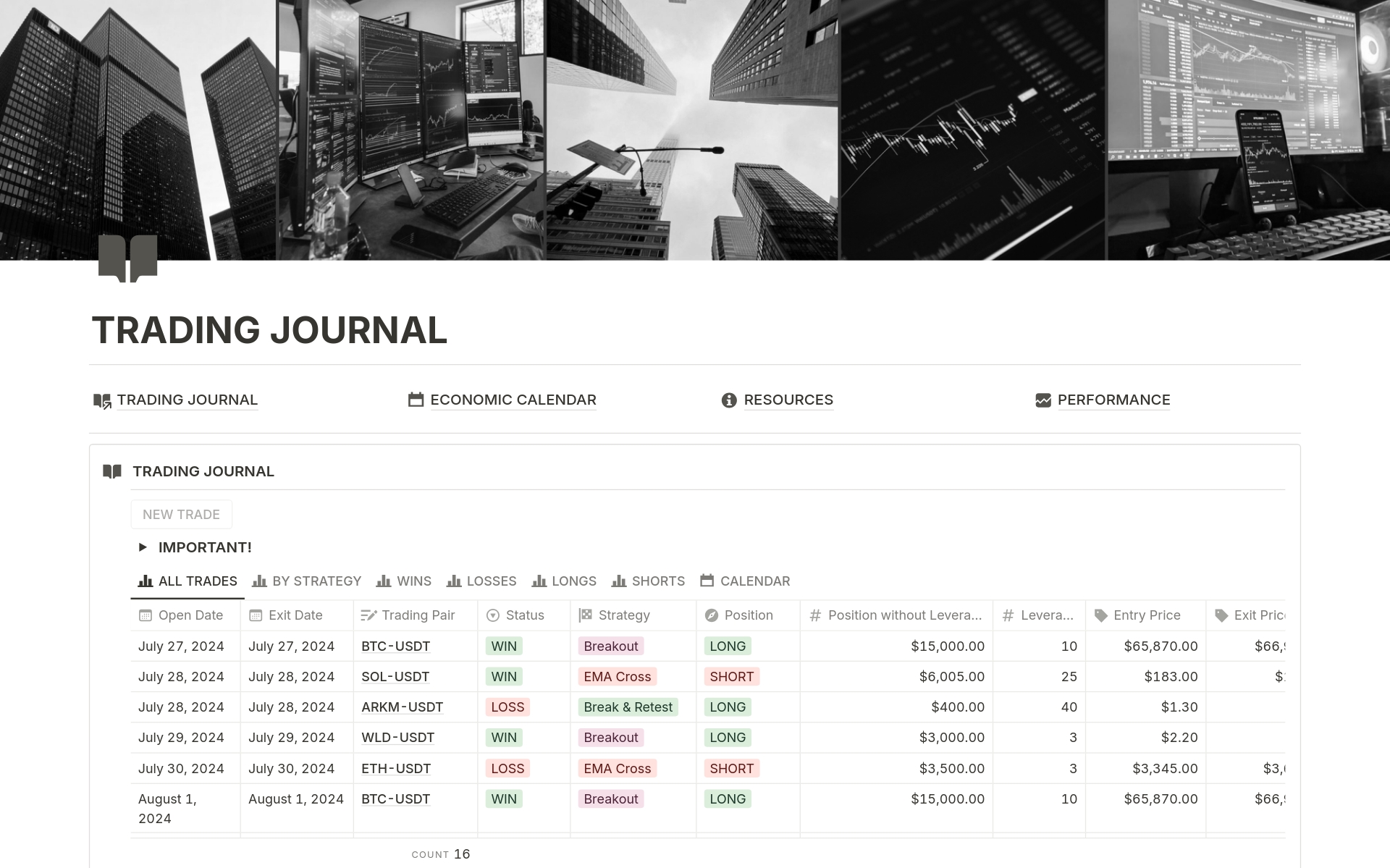 A template preview for Simple Trading Journal