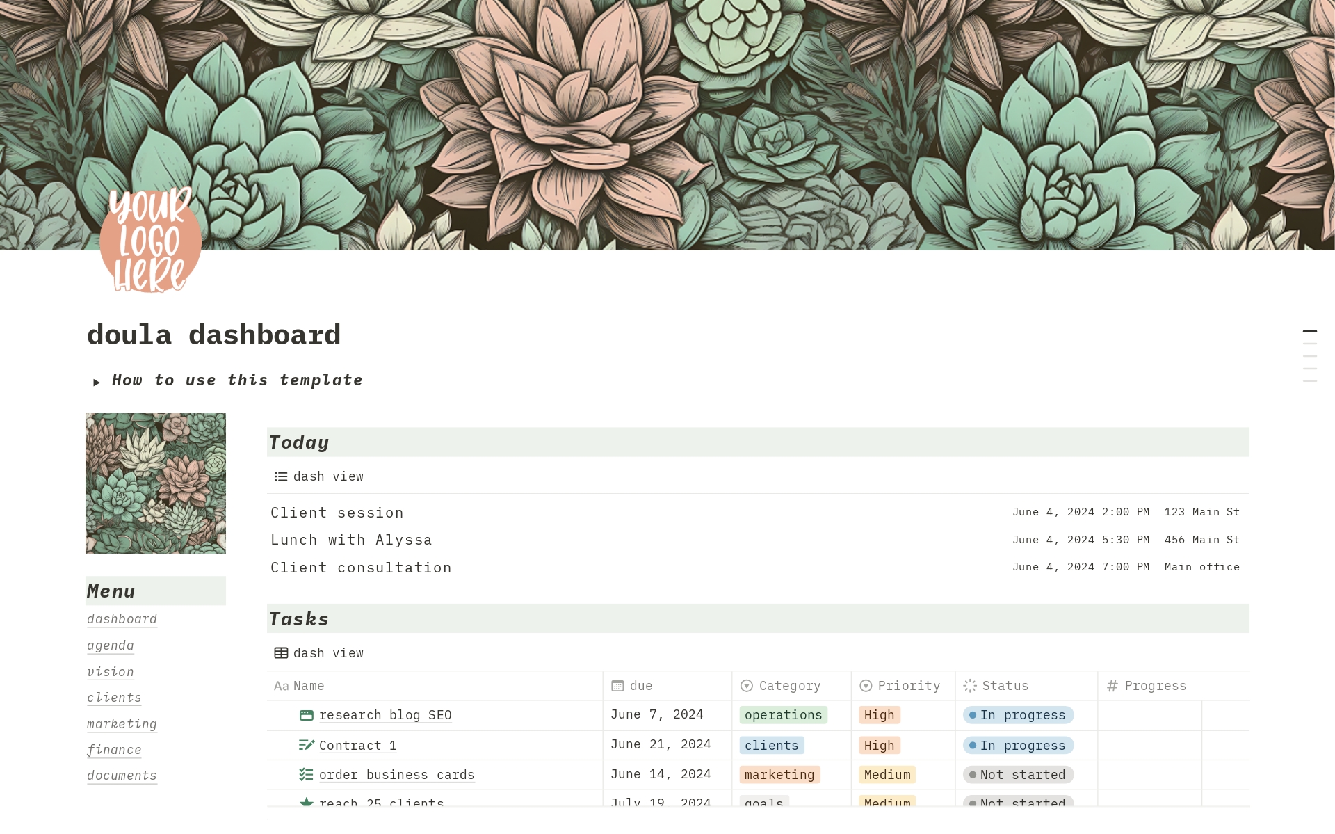 A template preview for Doula Dashboard